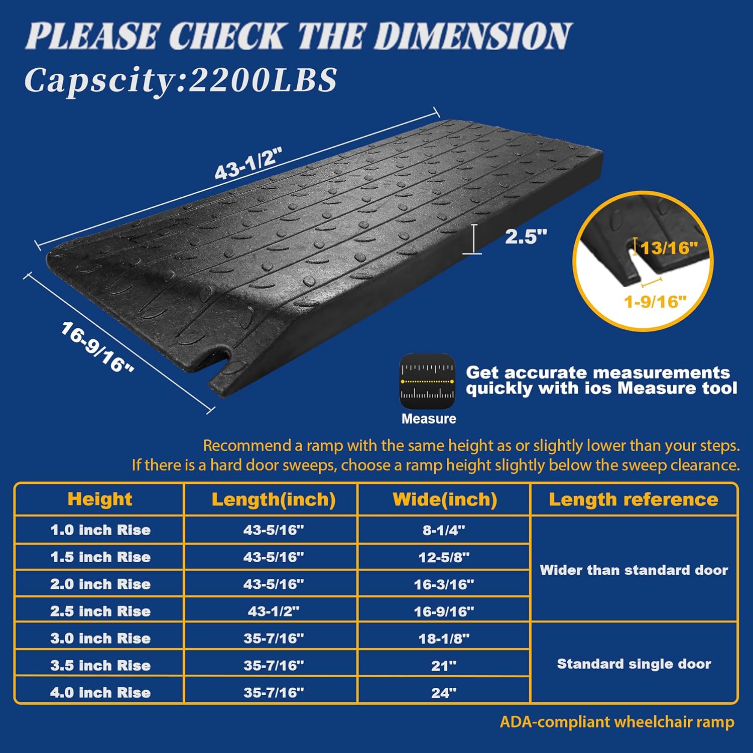 Rubber Wheelchair Ramp 2.5 Inch Rise - Non-Slip Rubber Threshold Wheelchair Ramp for Home Steps Doorways Driveway Outdoor Entrance Heavy Duty 2200 lb (1 Pack)