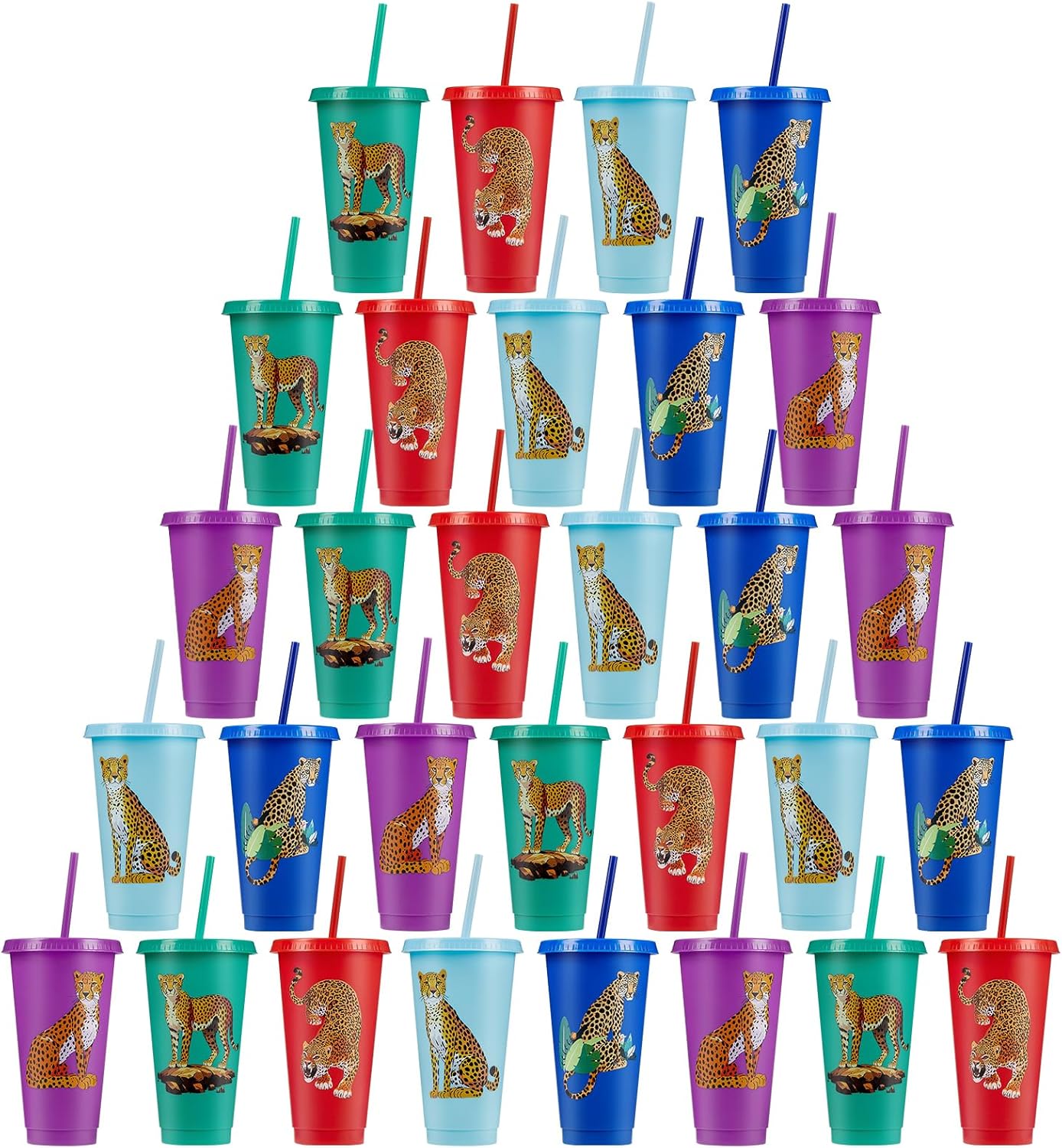 30 Pcs Cheetah Party Cups with Lid Straw 24 oz Plastic Drink Cups Reusable Bulk Leopard Tumblers for Cheetah Theme Party Favors Birthday Party Gifts