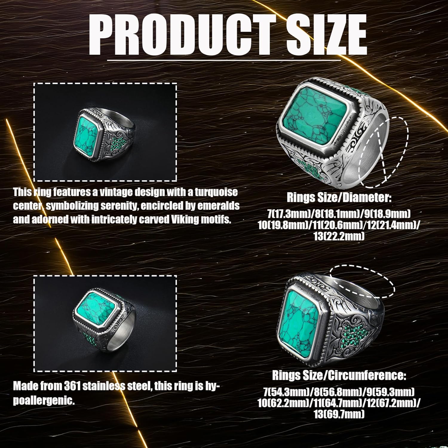 Mens Turquoise Viking Ring - Stainless Steel Signet Band - Vintage Biker Jewelry,Size7-13 - Image 6