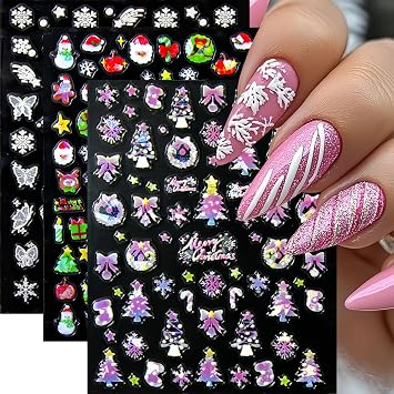 3Pcs Christmas Nail Art Stickers 5D Embossed White Snowflake Butterfly Nail Art Stickers Pink Xmas Tree Bow Snowman Santa Claus Nail Decals Winter Santa Hat Gloves Nail Design for Holiday Nail Decor