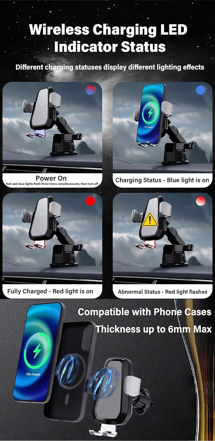 Wireless Car Charger Phone Mount,15W Fast Charging Car Phone Holder,50lb Suction Cup 3-in-1 Cell Phone Holder for Dash,360° Auto Clamp Compatible iPhone 17/16/15/14/13/12 Samsung S23/S22/S21/S20/S10+