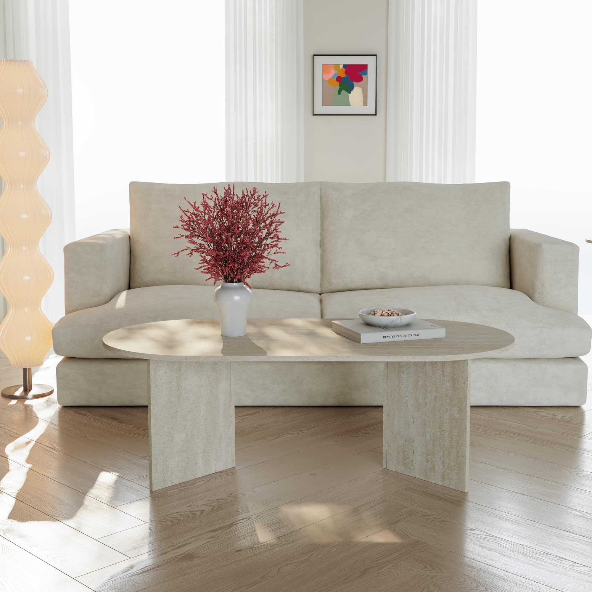 [en.casa] Tavolino da Salotto con Piano Ovale Tavolo Basso Centrale da Caffè per Soggiorno Zona Living Studio Sala d'Attesa 119 x 60 x 40 cm - Color Avorio Travertino