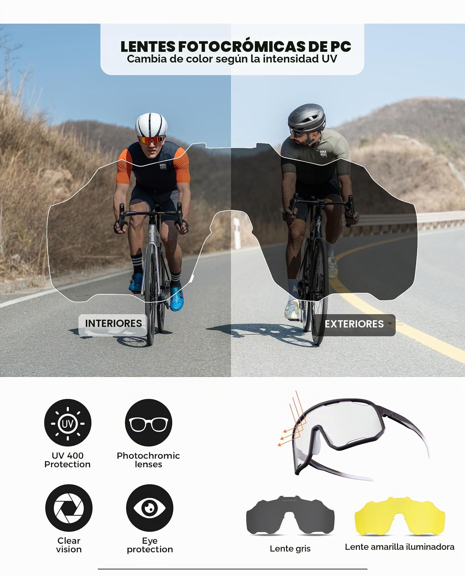 ROCKBROS Gafas de Ciclismo, Gafas Fotocromáticas al Aire Libre para Bicicleta, Anteojos Deportivos de Sol para Hombres y Mujeres