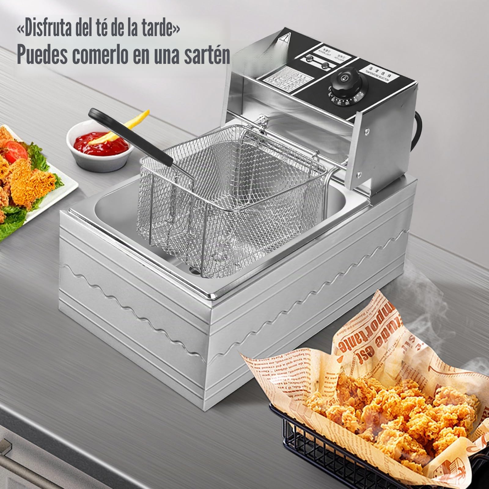 Freidora de Aceite 6L,Freidora ElEctrica con Cesta Incluida,2200,Potencia de 2200W, Potencia 2200W, Temperatura Regulable 200°C, Cuerpo Inoxidable Resistente, uso Doméstico y Comercial (6L)