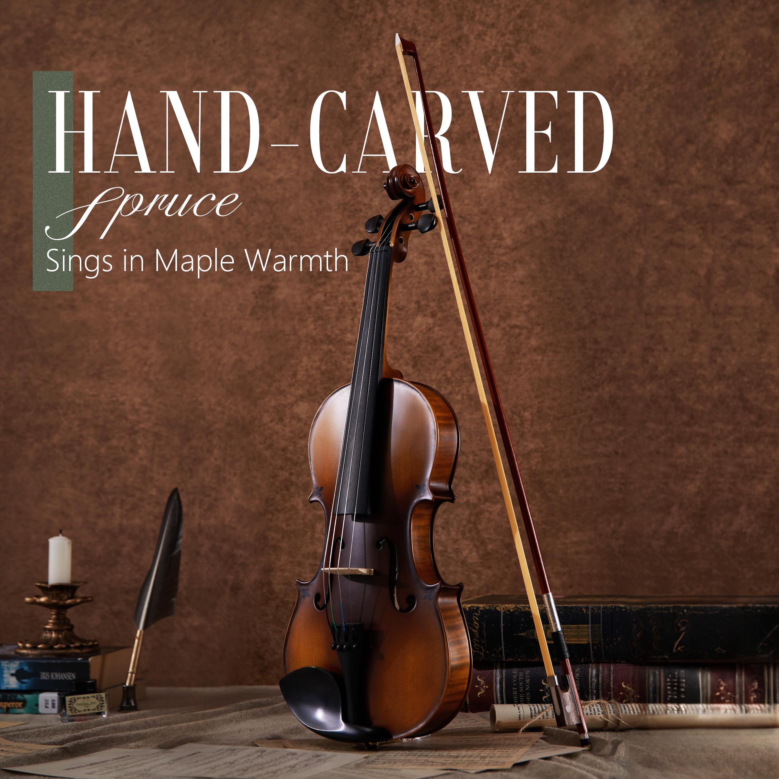 AKLOT Violino in acero fiammato artigianale: violino a grandezza naturale, kit di violino acustico avanzato con archetto in ebano, spalliera in legno massello, libro delle lezioni, custodia rigida