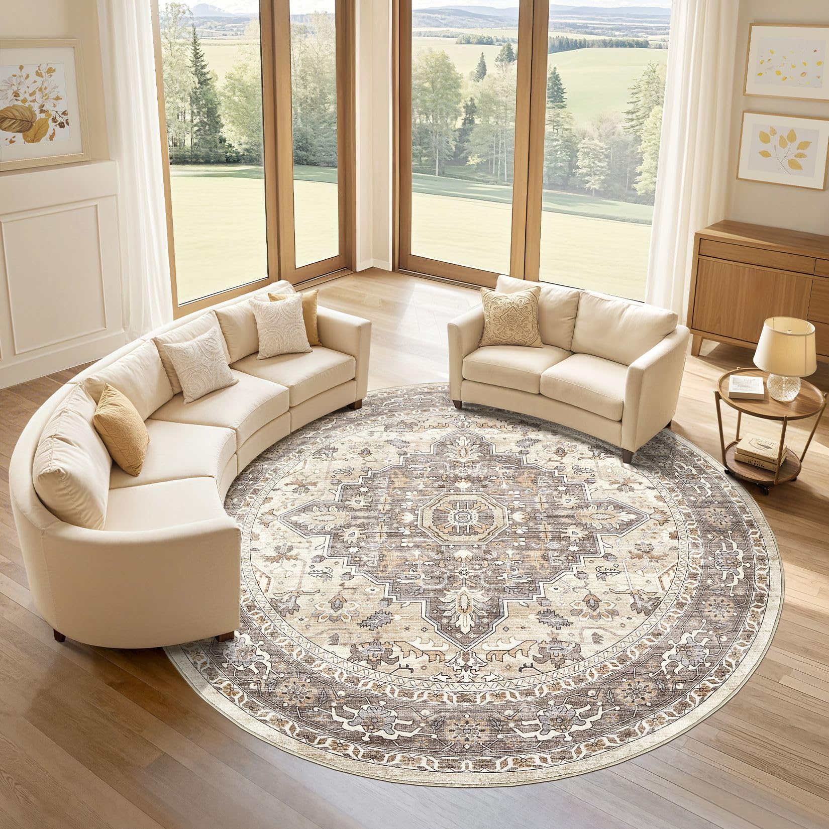 LOONGRUG Round Rug 8x8 Washable Vintage Boho Living Room Rug Beige Brown