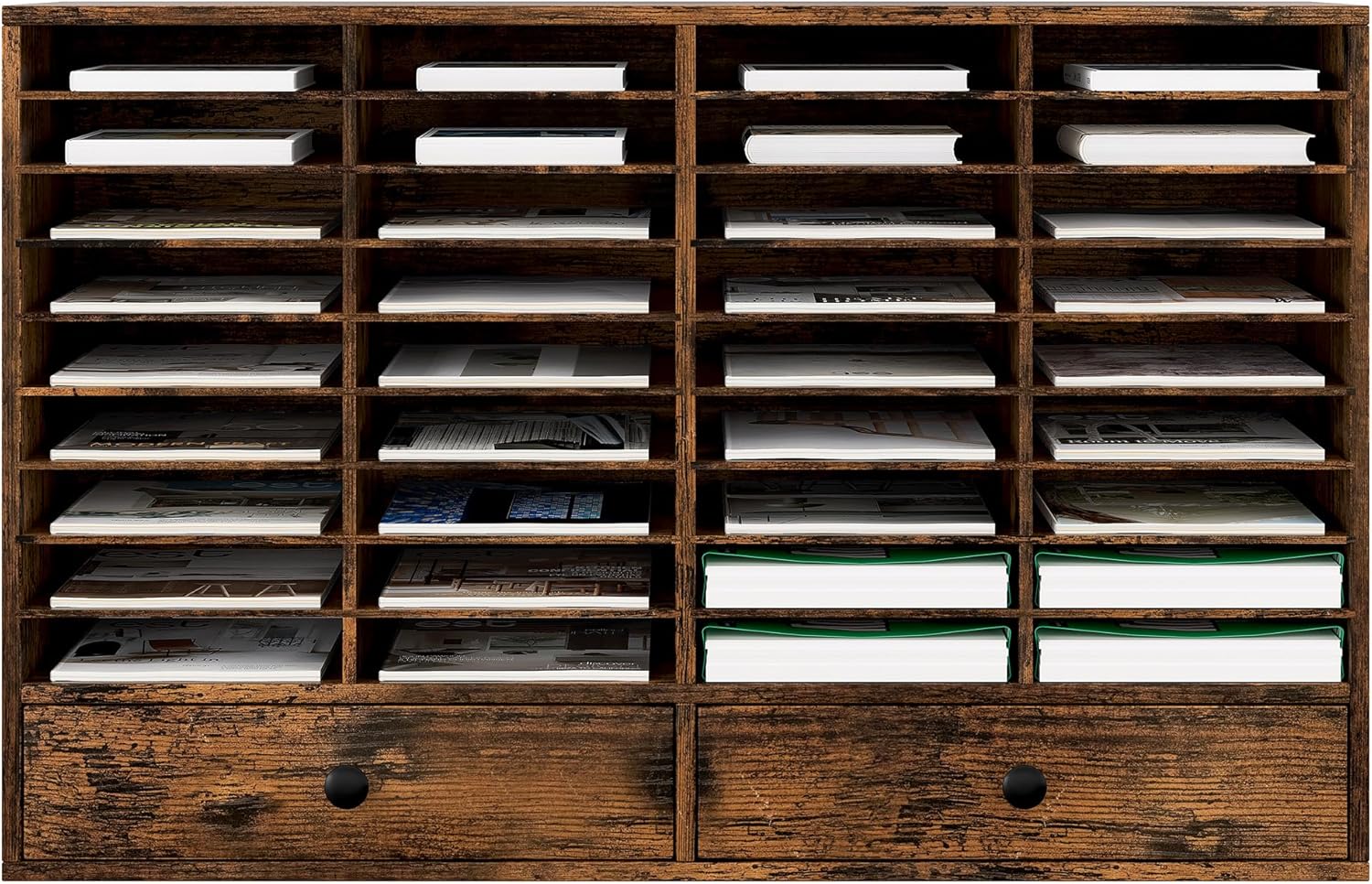 TQAVI Wood Classroom Mailbox 36 Compartments with 2 Drawer, Large Paper Organizer with Adjustable Shelves to Sorting Literature Bill, A4 Size File Organizer for Office School Home, Antique Brown