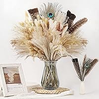 Bpole 2-in-1 Dried Pampas Grass Bouquet with Natural Feathers - 100pcs Boho Vase Filler for Weddings, Farmhouse & Home Decor