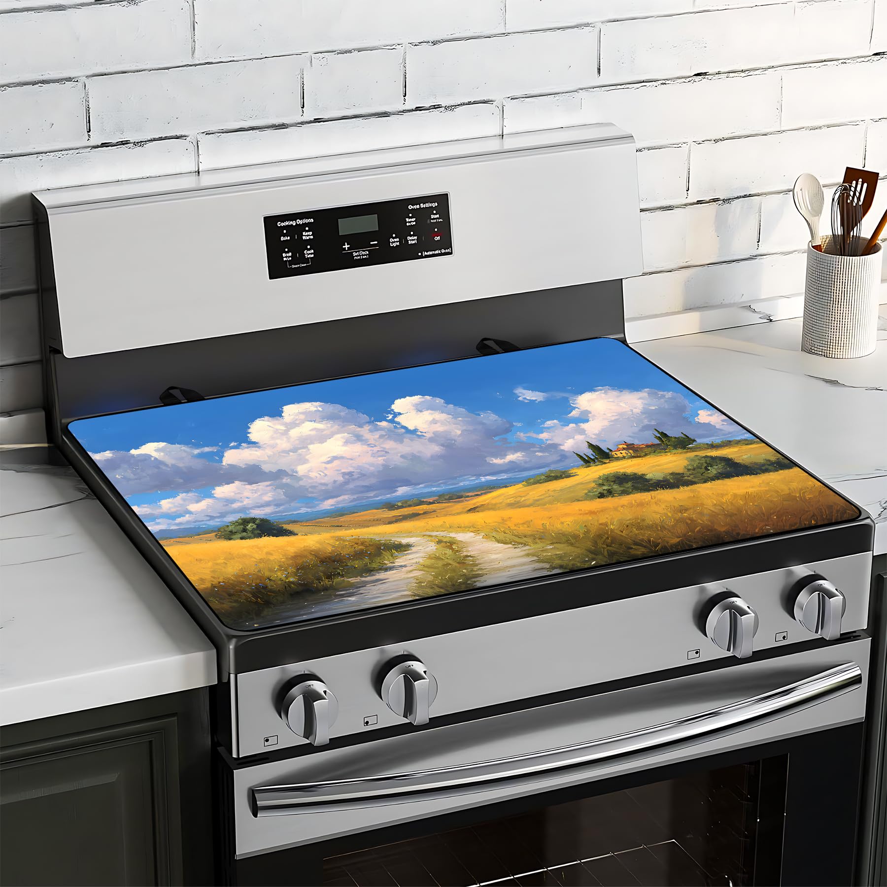 BVBOX Electric Stove Top Cover 28"x20", Glass Cooktop Protector Mat with Hanging Loops, Washable Absorbent Kitchen Dish Drying Mat for Countertop, Coffe Corner, RV
