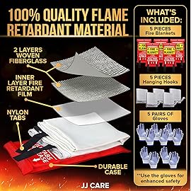 JJ CARE Fire Blanket - 5 Packs with Hooks and Gloves - Emergency Fire Blanket for Home & Kitchen, High Heat Resistant Fire Suppression Blankets for Home Safety, Kitchen, and Camping