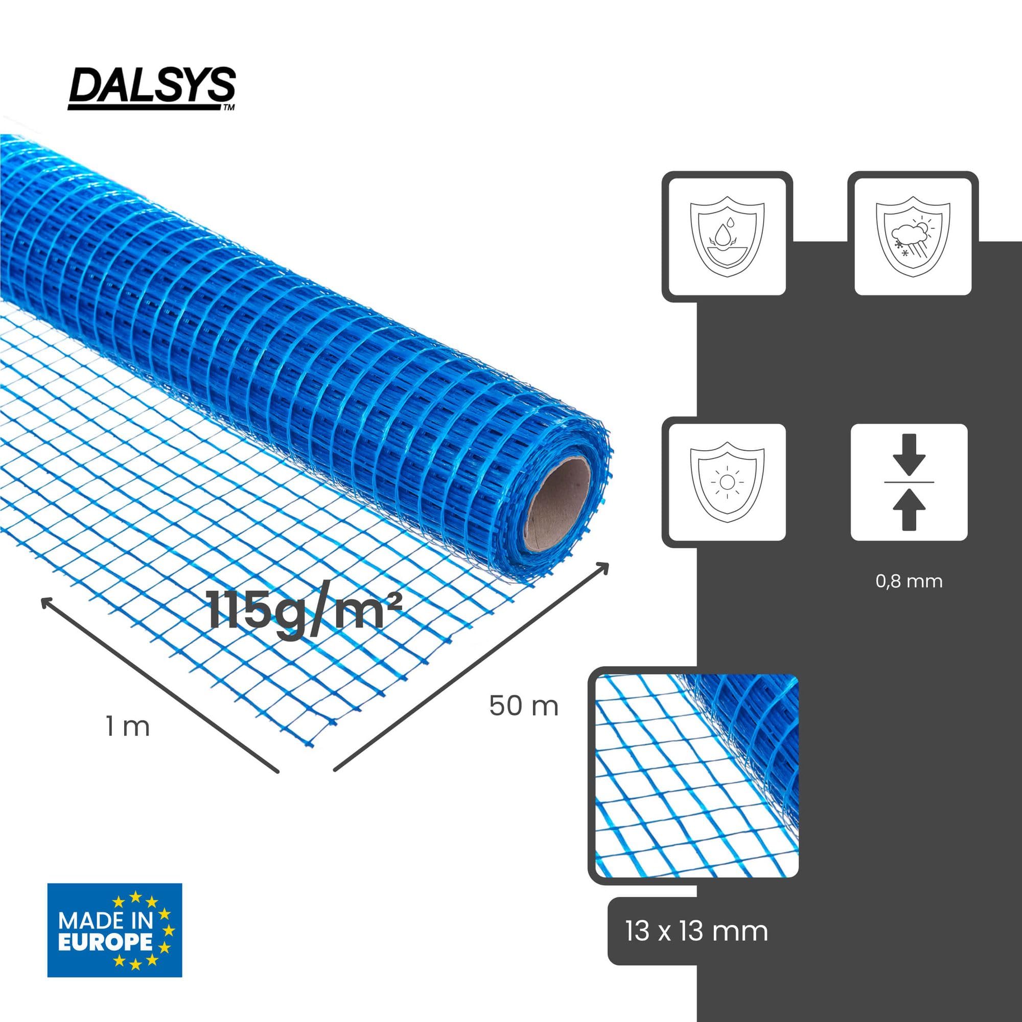 Malla de refuerzo 50m², 13x13mm tamaño de malla, 50m x 1m Azul | Malla de fibra de vidrio 115g/m², para enlucido exterior y SATE, armadura antifisuras, renovación de fachada