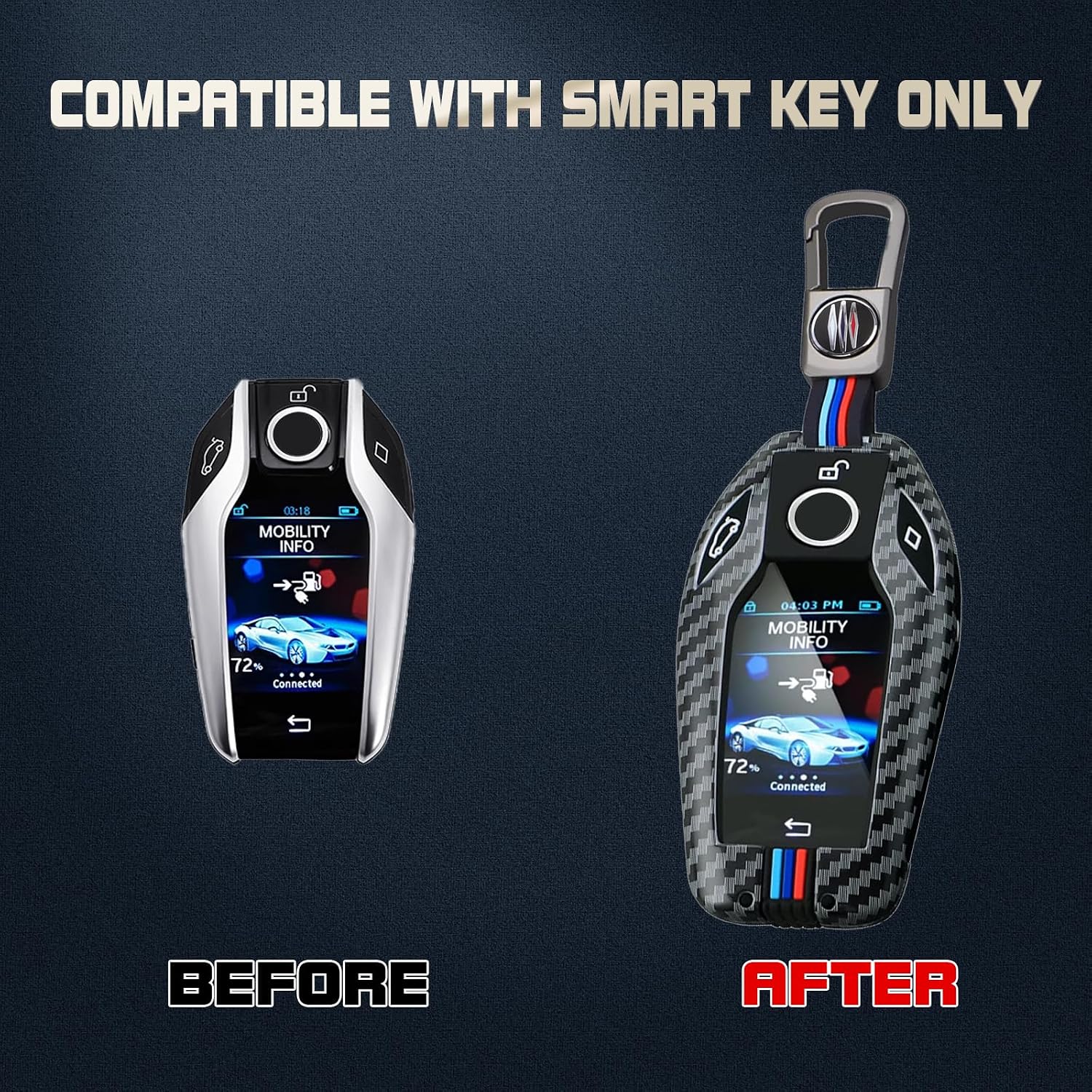 x xotic tech Metal Alloy Key Fob Cover Compatible with BMW 5 6 7 X3 X5 X7 I8 M3 M5 M6 GT3 i3 i4 Series, Protective LCD Digital Touchscreen Smart Keys Shell Case w/Keychain (Carbon Fiber Pattern, 1pc)