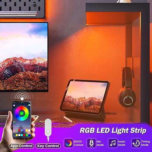 Miniatura 6 de YOUDENOVA Escritorio para computadora de juegos de 48 pulgadas con luces LED, escritorio pequeño con estantes y cajones de almacenamiento, mesa