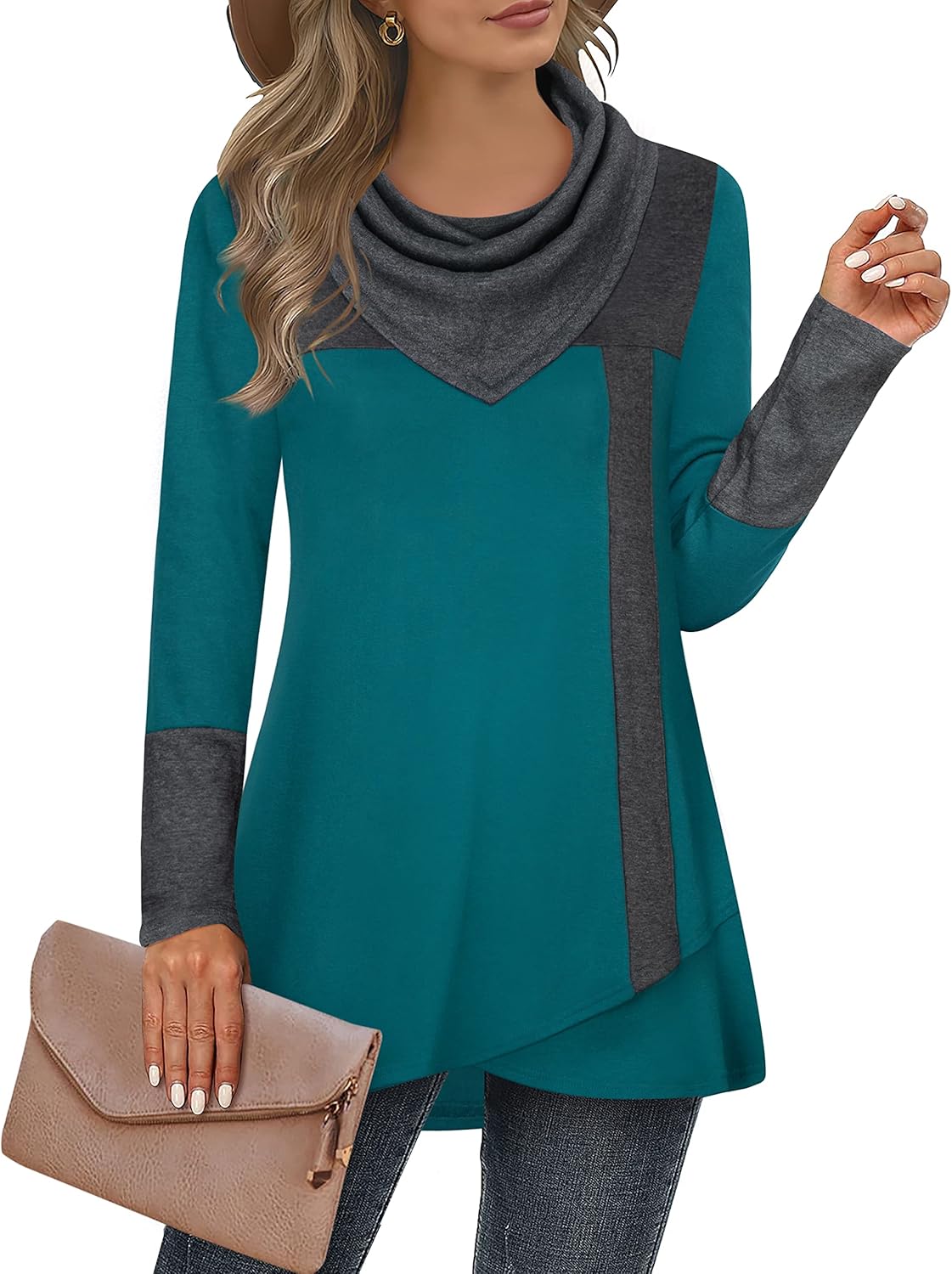 Furnex Women's Long Sleeve Cowl Neck Tunic Top Casual Pullover Sweatshirt