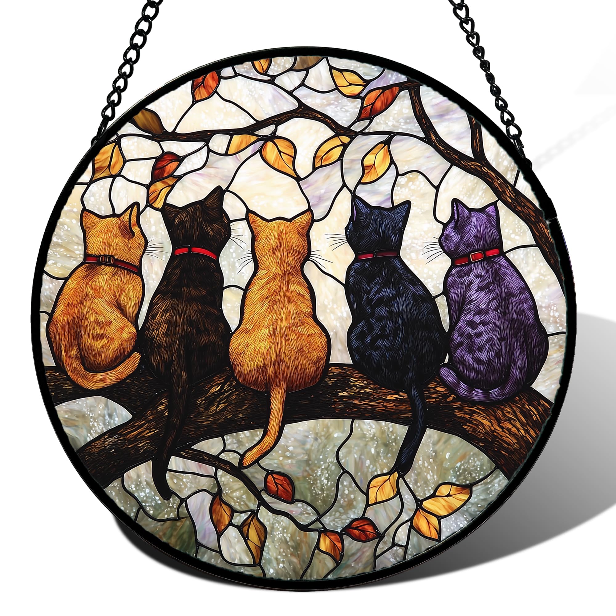 DASTOLL Stained Glass Window Hanging - 5 Cats on a Branch Suncatcher for Window Doors Home Decoration and Christmas, Mother's Day Father's Day Birthday Gifts for Women, Men, and Mom 14.9x14.9 in
