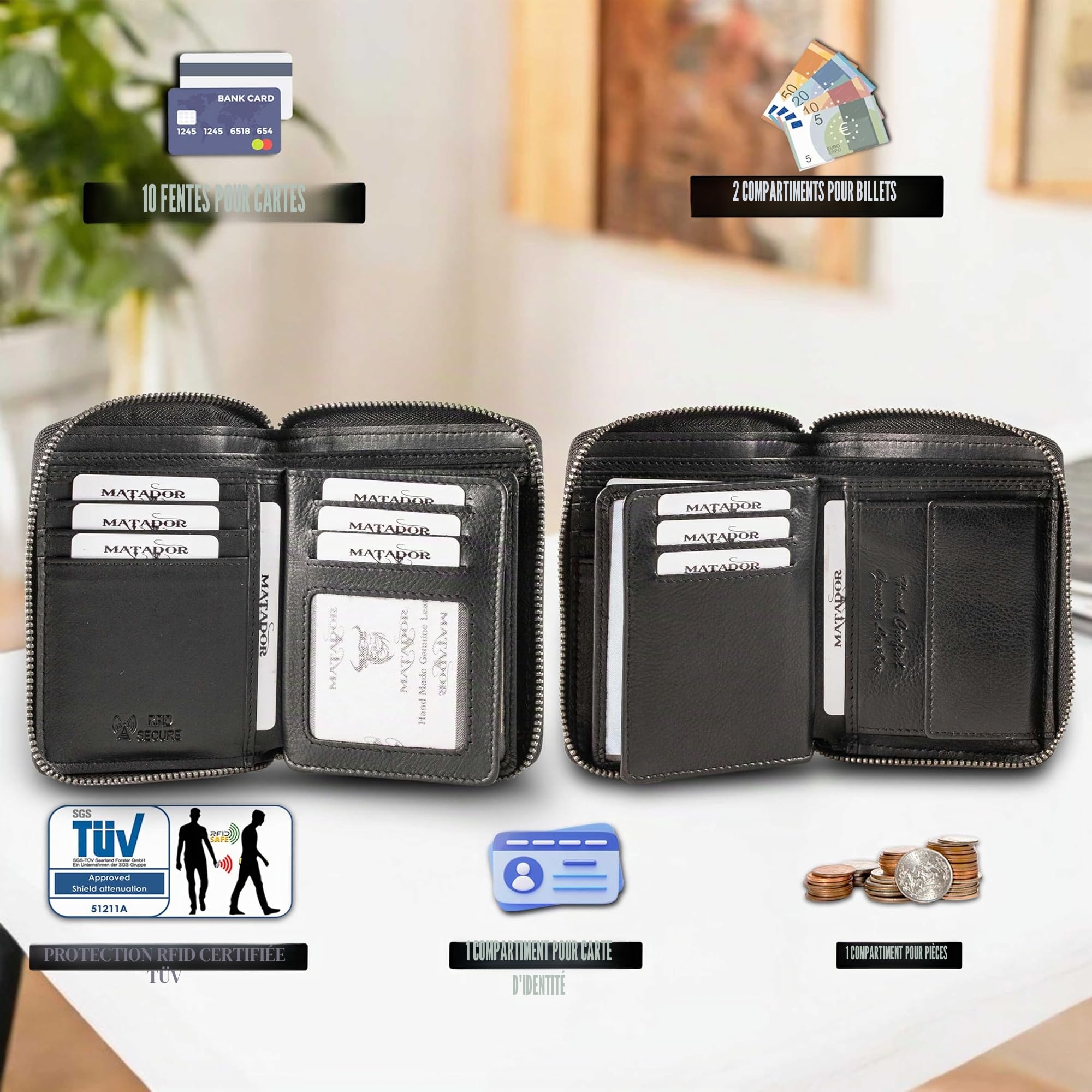 MATADOR Portefeuilles Homme Cuir #Grenade avec Noble Boîte Cadeau, Luxe RFID Portefeuille Homme, Porte Feuille Cuir avec de Nombreux Compartiments à Cartes en Noir Nappa