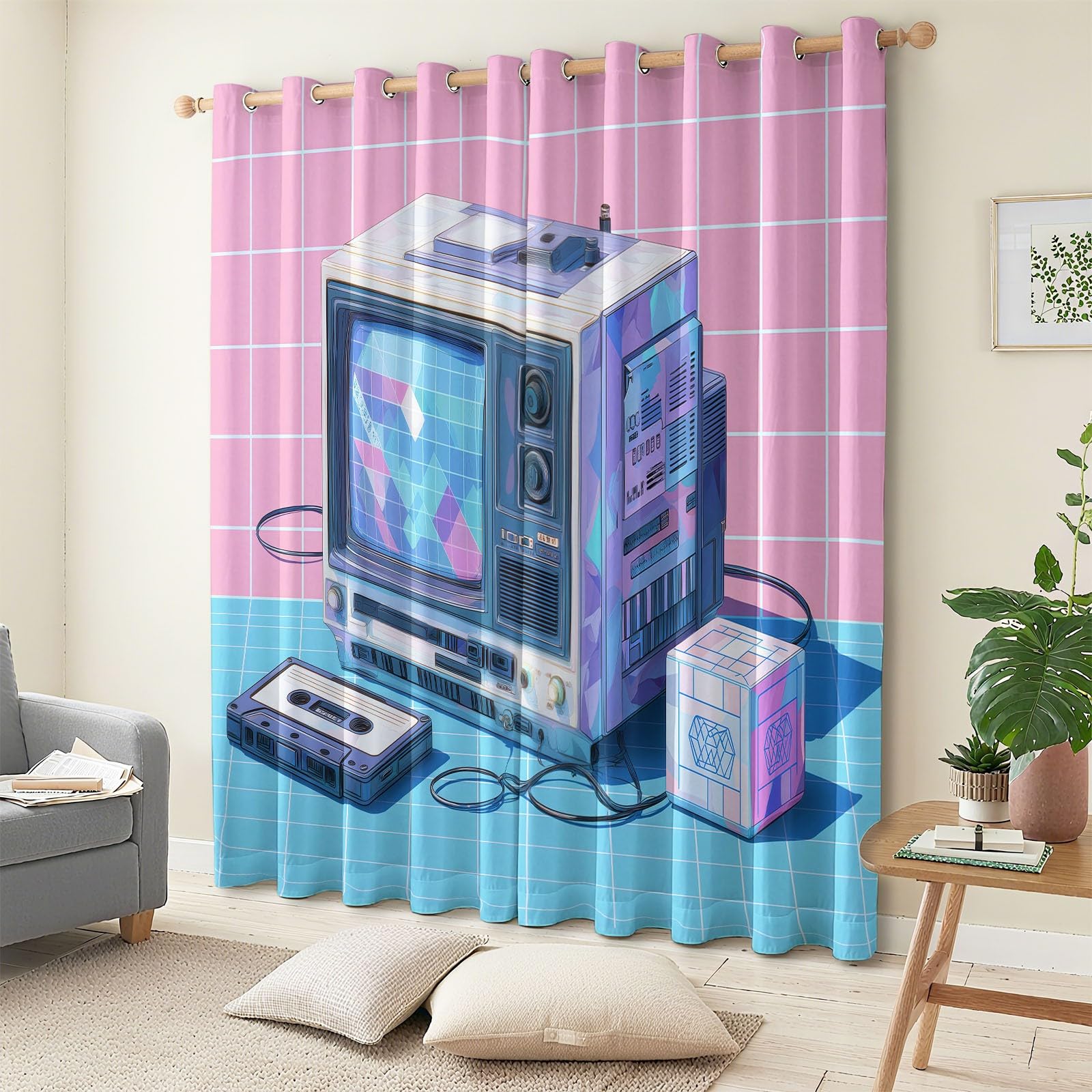 Geométrico TV Retro Cuadrícula Cortinas Opacas térmicas Que bloquean la luz, Transicional Cortinas Opacas con Ojales para Dormitorio y Sala de Estar 140 x 260 cm (2 Paneles)