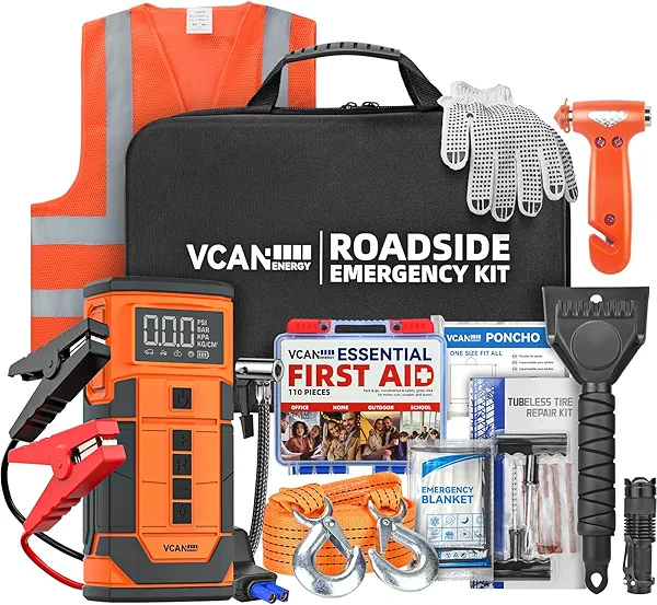 Jump Starter with Air Compressor, VCANENERGY Roadside Emergency Car Kit with 12V Portable Battery Jump Starter & Tire Inflator for Cars, Trucks, SUVs-Car Emergency Kit for Women, Men, Teen