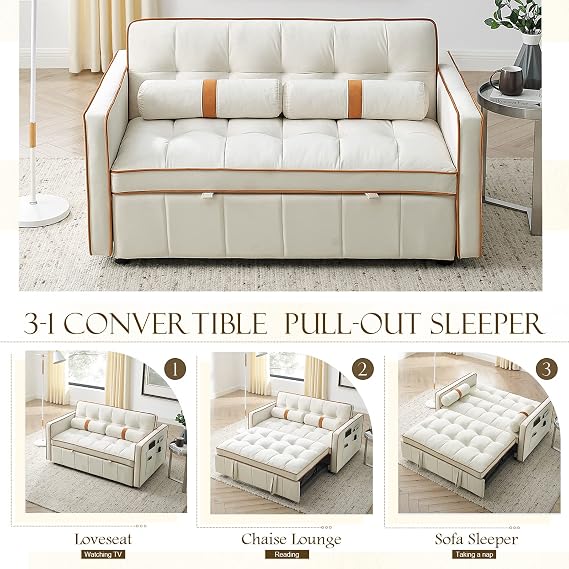 Pull Out Sofa Bed, 55.5 Loveseat Sleeper Sofa Bed, with Side Pocket Storage, Adjustable Backrest and Waist Pillow, Suitable for Small Space, Living Room, Bedroom, Office(Beige)