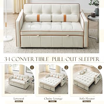 Pull Out Sofa Bed, 55.5 Loveseat Sleeper Sofa Bed, with Side Pocket Storage, Adjustable Backrest and Waist Pillow, Suitable for Small Space, Living Room, Bedroom, Office(Beige)