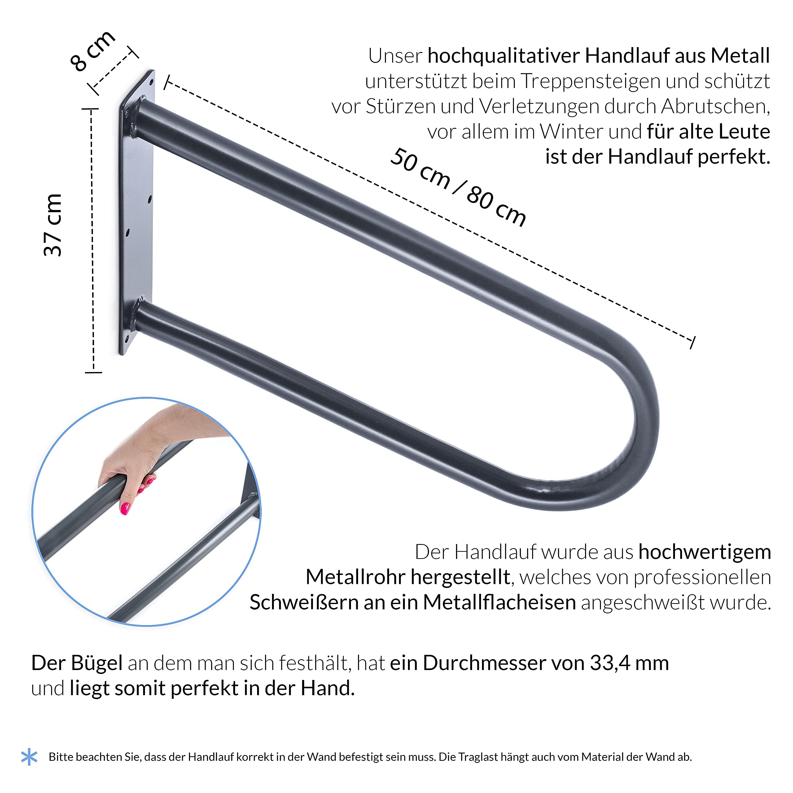 Metall-Handlauf Handlaufbügel Haltebügel Treppenbügel Haltegriff Stützgriff - für Treppen Treppenhaus Treppengeländer Eingang Pool Haus Garten (Länge - 80 cm, Schwarz)