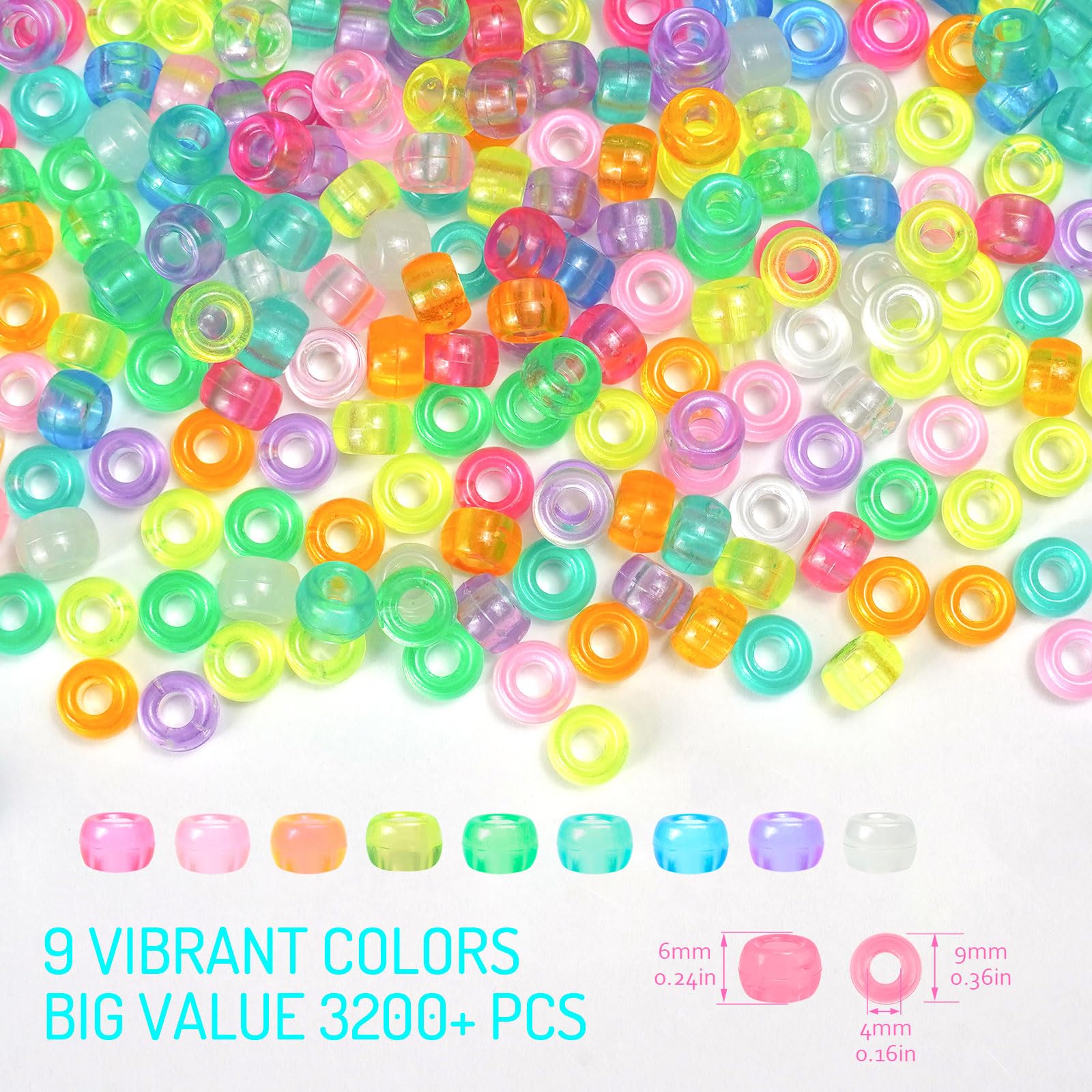 Glow in The Dark Pony Beads for Bracelets, +pcs 6x9mm Rave Kandi Acrylic Beads Neon Luminous Colored Charms Hair Bead for Braids Girls Halloween Jewelry Making Crafts Party Supplies: 3200