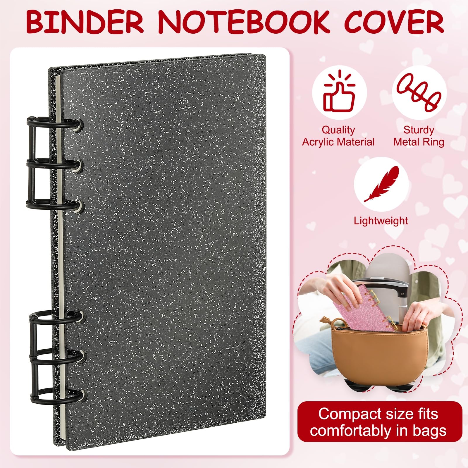PATIKIL 6 Ring Binder Notebook Cover, A6 Glitter Acrylic Binder Notebook 2 Black Metal Round Rings with 90 Sheets Lined Inner Papers for Travel Office Planner Budget, Black - Image 3