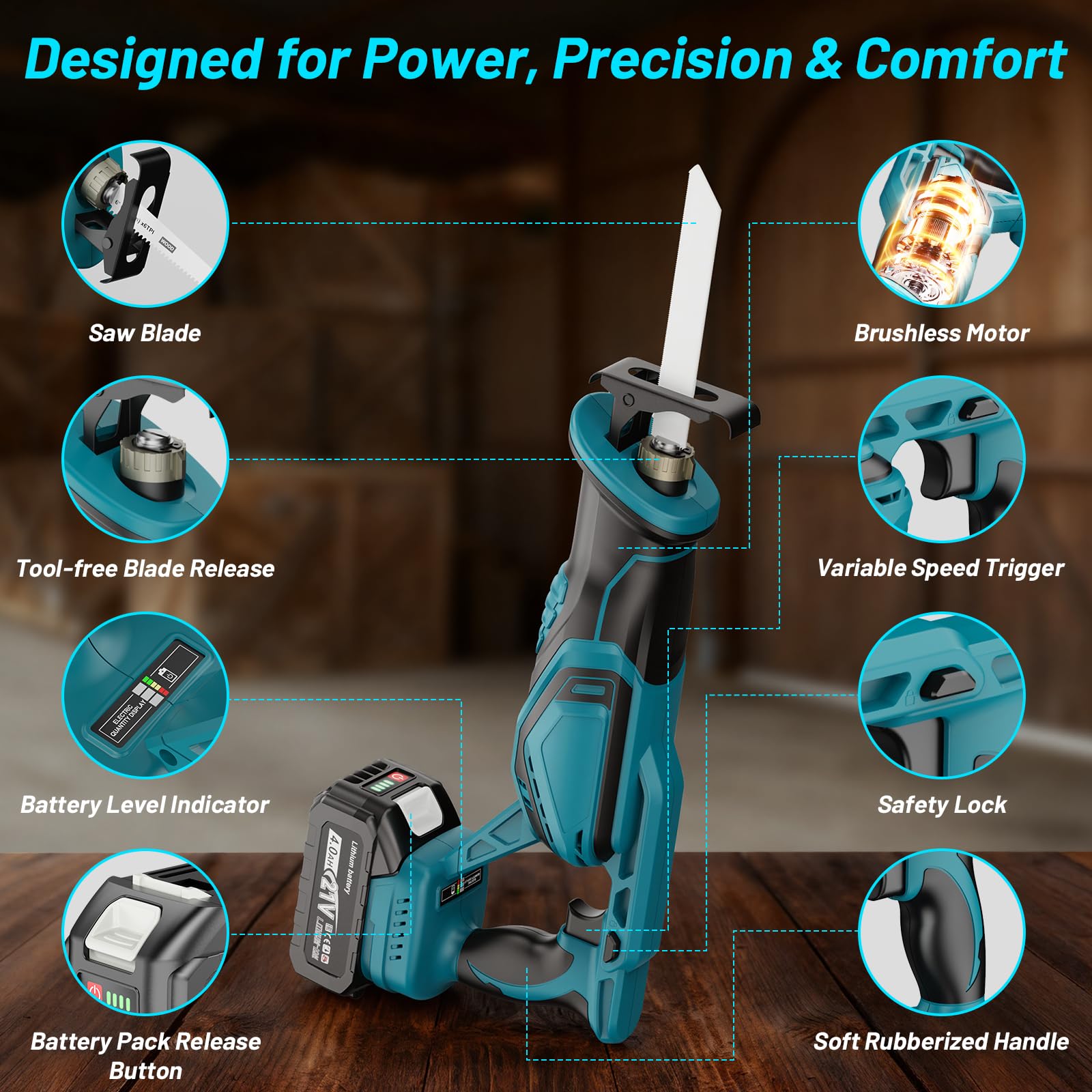 Yofuly Sega a Gattuccio Compatibile con Batterie Makita 18V, 2 Batterie da 4,0Ah, Gattuccio a Batteria 3500spm, 28mm Lunghezza Corsa, Sega Alternativa con 8 Lame per Legno/Metallo/PVC