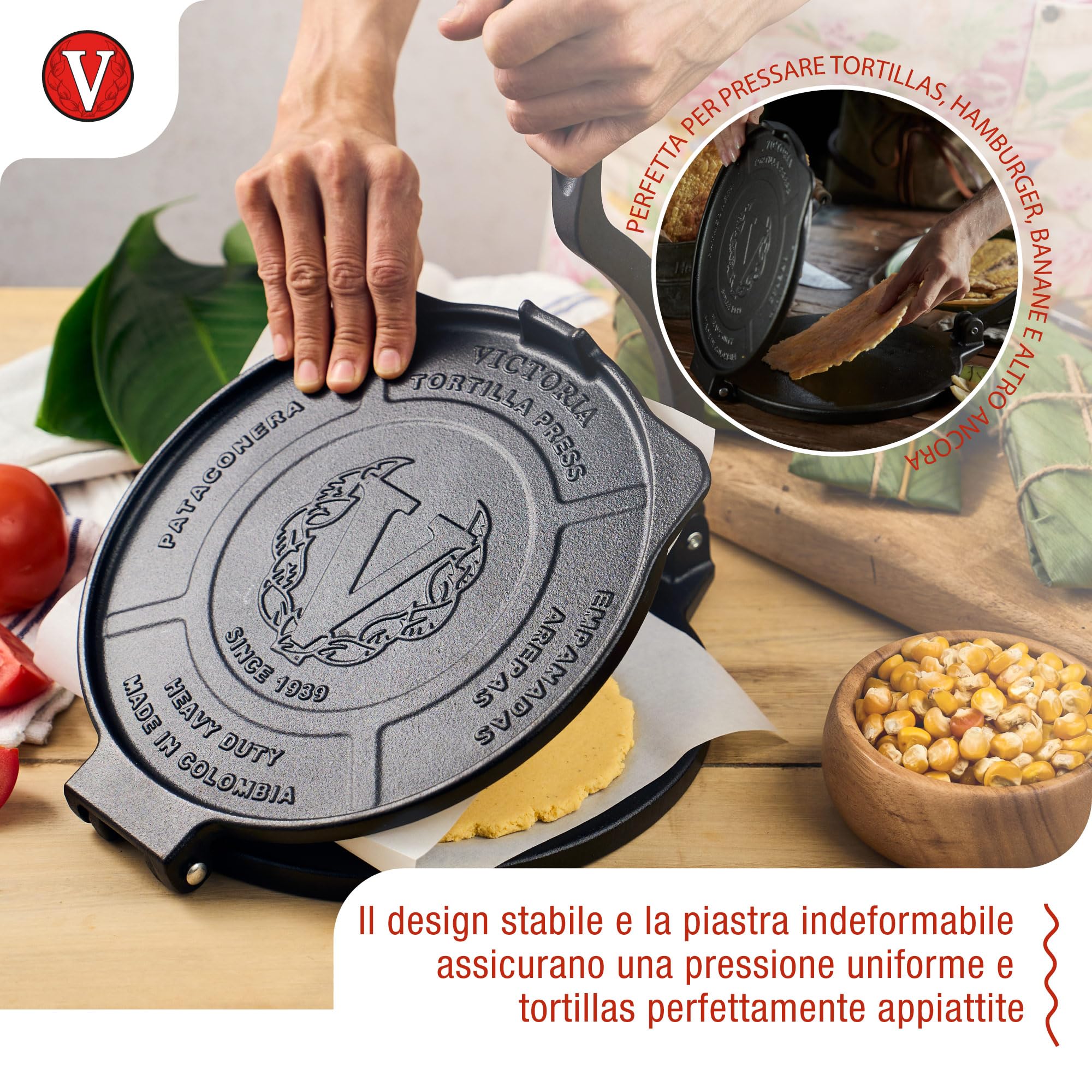 Victoria Pressa per Tortillas Messicane in Ghisa HD 25 cm Pataconera Colombiana Professionale, Roti Maker per Tacos, Arepas, Quesadillas, Empanadas, Patacones