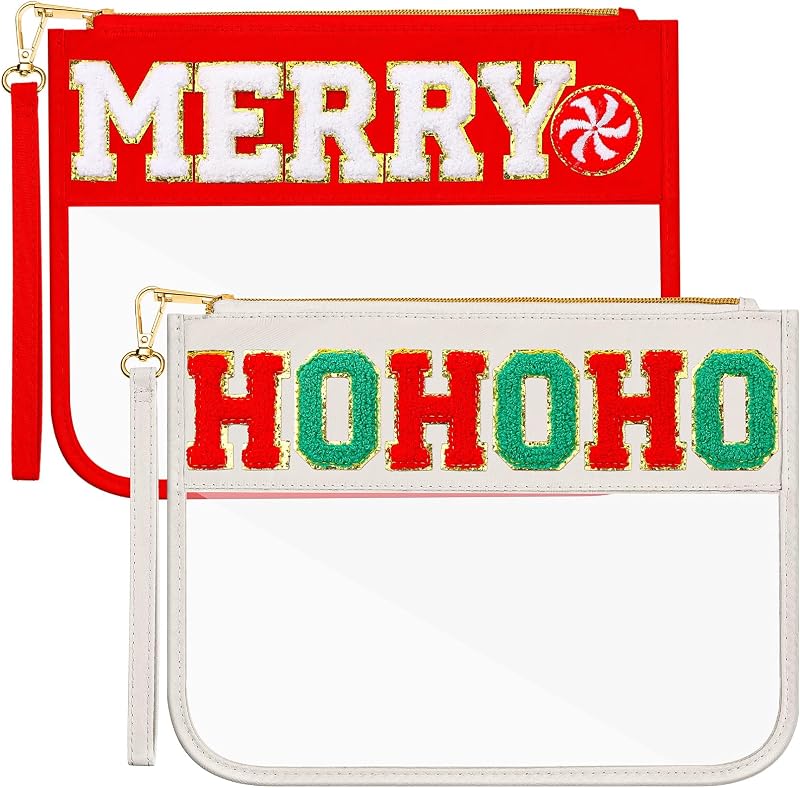 Remerry 2 Necessaires transparentes com letras em chenille Merry & Hohoho, vermelho e branco