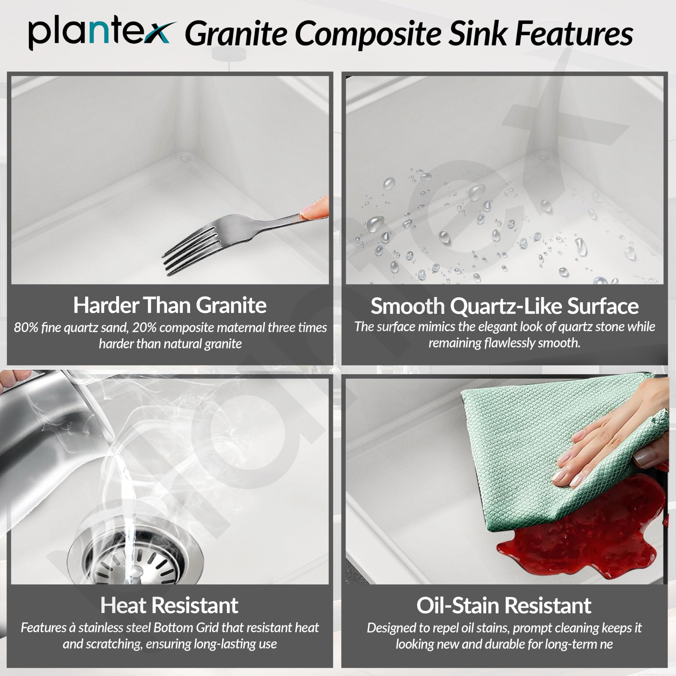 Plantex Quartz Kitchen Sink - Double Bowl, 10-Year Warranty -3