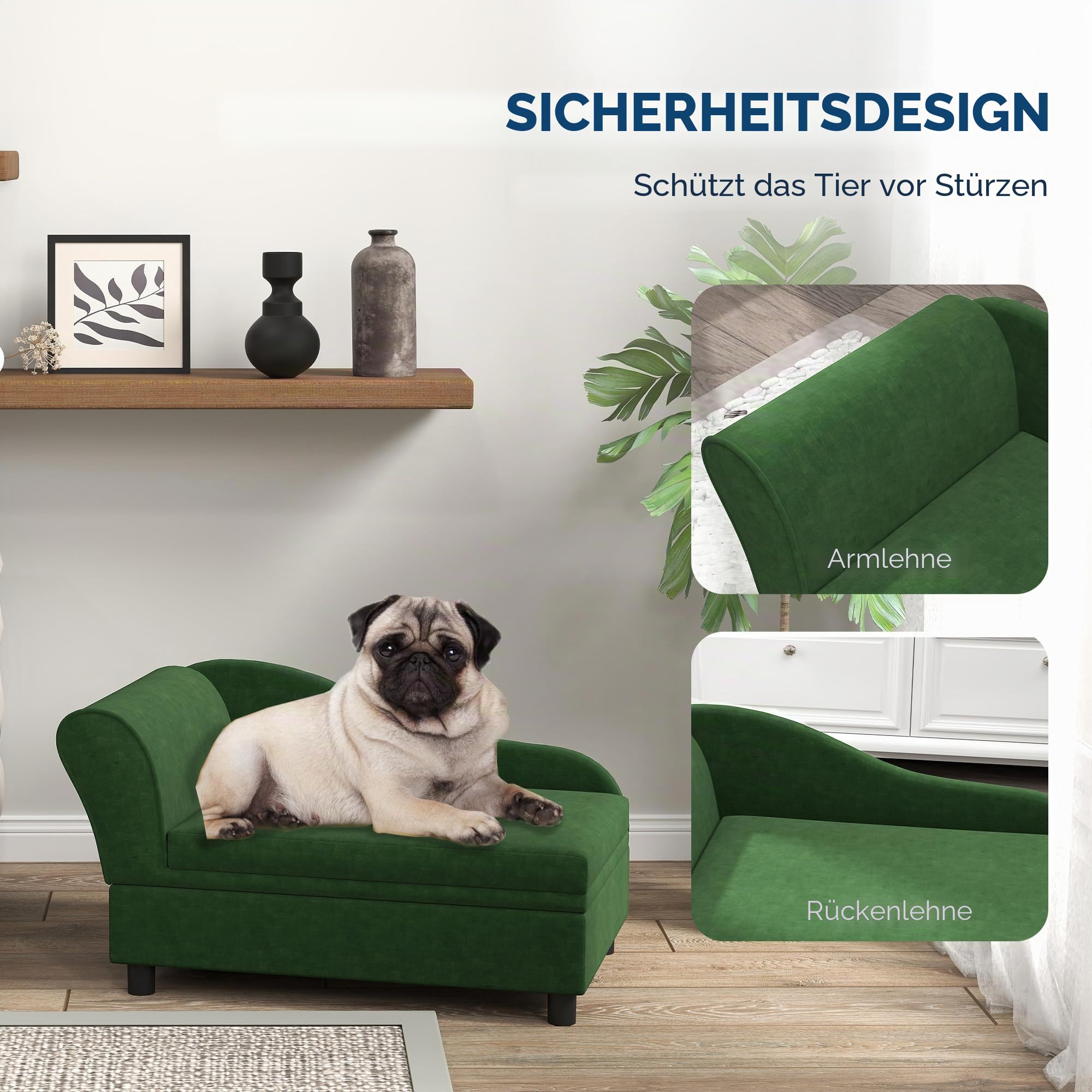 PawHut Sofa für Hunde und Katzen, auf Fuß, mit Aufbewahrungsbox, moderner Stil, abnehmbares Sitzkissen, hoher Komfort, 76 x 45 x 43 cm, Grün