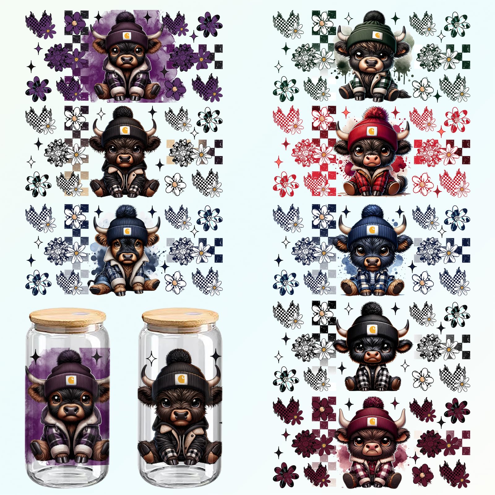 DTF Highland Cow Theme Cup Wrap Stickers, 8-Pack UV Football Cheerleaders Design, 11 x 5 Inches, for 16 oz Cups, Glass and Wood Crafts (399)