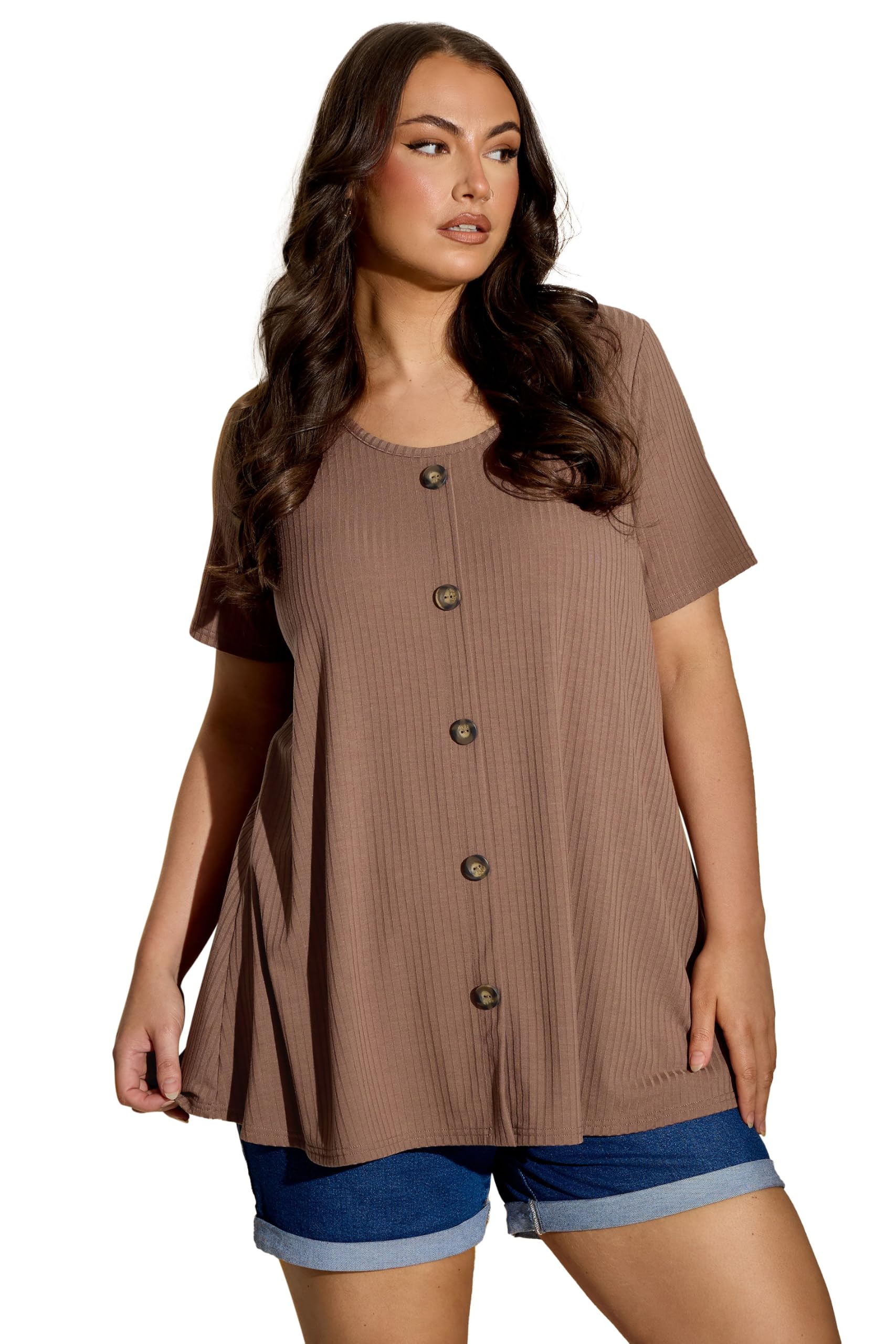 Yours Women's Light Brown Curve Mocha Brown Button Front Ribbed Swing Top - Plus Size Curve
