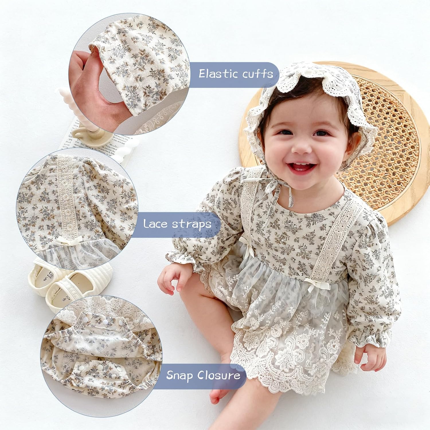Baby Girl Floral Romper, Long Sleeve Lace Dress Bodysuit with Bonnet, Princess Style Outfit for Newborn and Infant