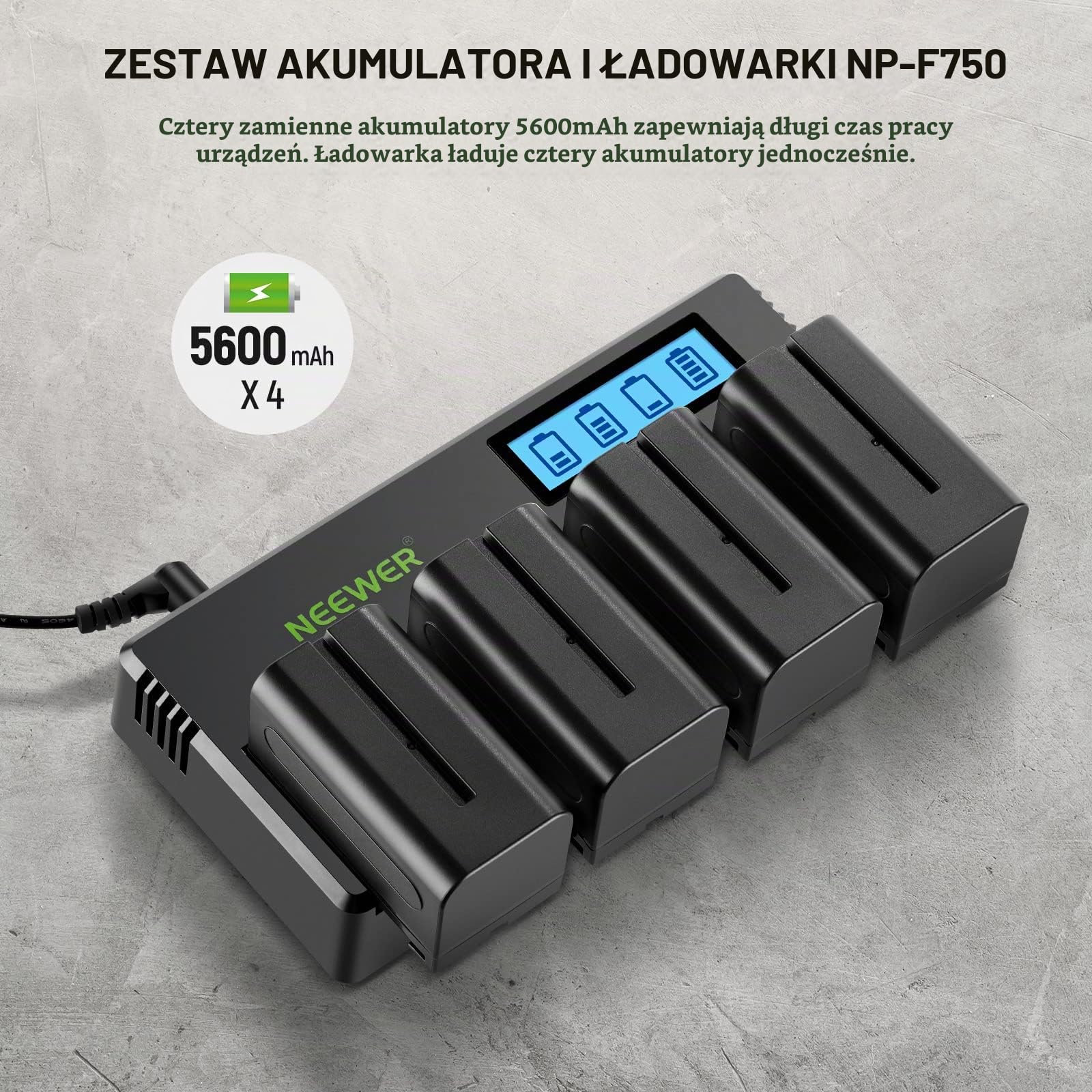 NEEWER 4 szt. NP-F750 7,4 V 5600mAh Wymienna bateria z 4-kanałową ładowarką i zasilaczem, kompatybilna z NP-F550/750/770/970 FM500H QM71D QM91D, monitory polowe, lampy wideo