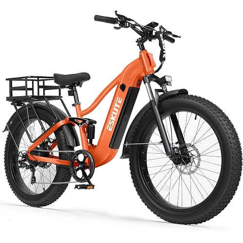 ESKUTE Electric Bike for Adults - 48V20.8Ah Battery Hunting Ebike up to 86 Miles, 32+MPH, Peak 1800W, 26x4.0 Fat Tire Step-Over 8-Speed Full Suspensions Mountain E-Bike