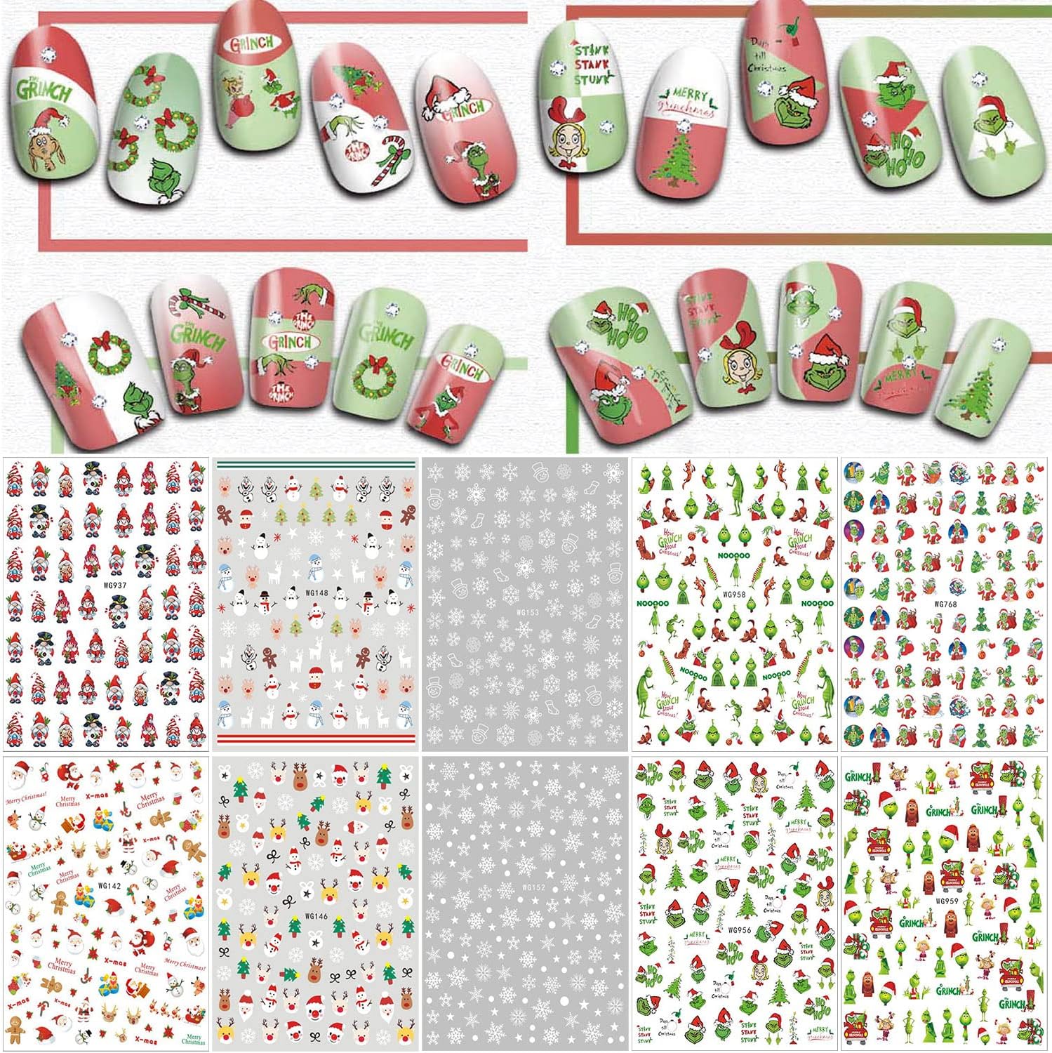10 Sheets Christmas Nail Art Stickers 3D Snowflake Nail
