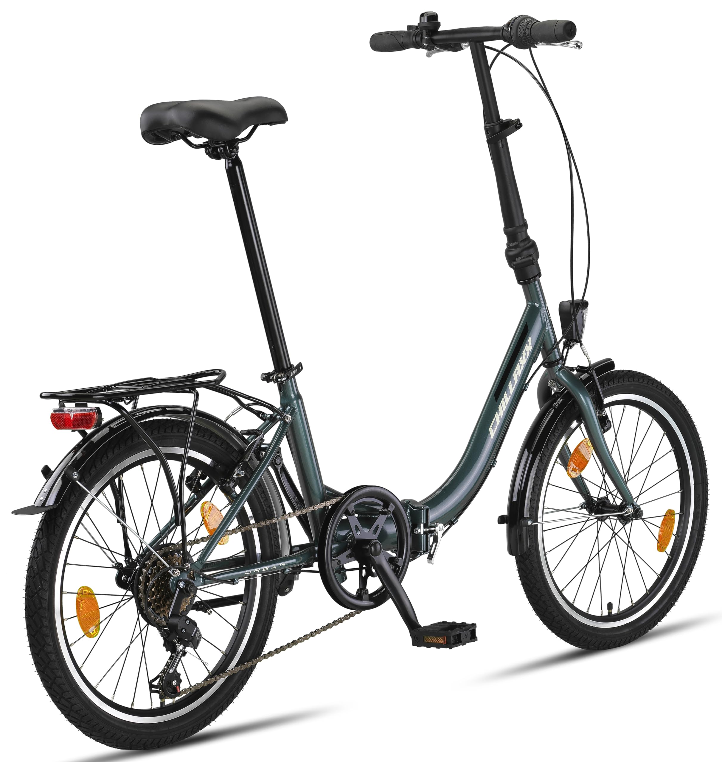 Chillaxx Bicicleta Urban de 20 pulgadas, bicicleta plegable, cambio Shimano de 6 velocidades, luz LED de batería, sistema de plegado rápido, bicicleta plegable