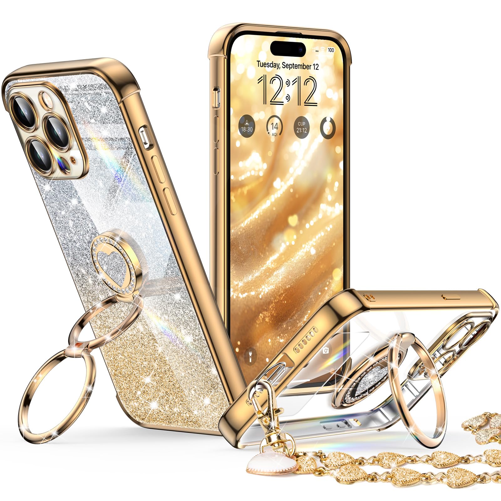 XYZ for iPhone 14 Pro Max Case with Stand, Phone Case with Double Ring Kickstand, Women Girls Bling Luxury Glitter Clear Phone Case Cover Heart for iPhone 14 Pro Max, Gold