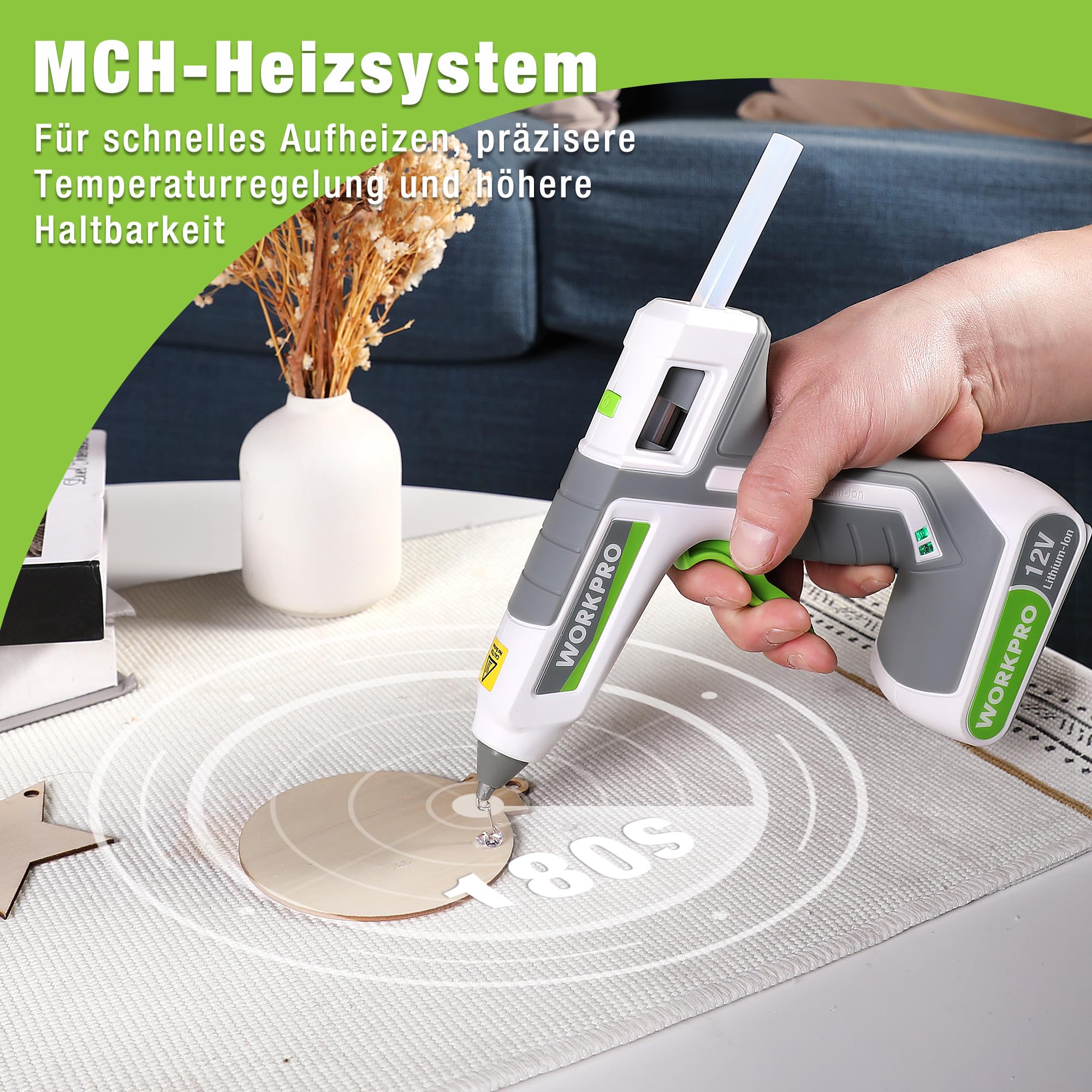 WORKPRO Heißklebepistole Akku kabellos 12V, Akku Klebepistole mit 15 Klebesticks(11 * 200 mm), Schnelles Aufheizen, USB-Aufladung, kabellose Heißklebepistole für Handwerk, Dekoration