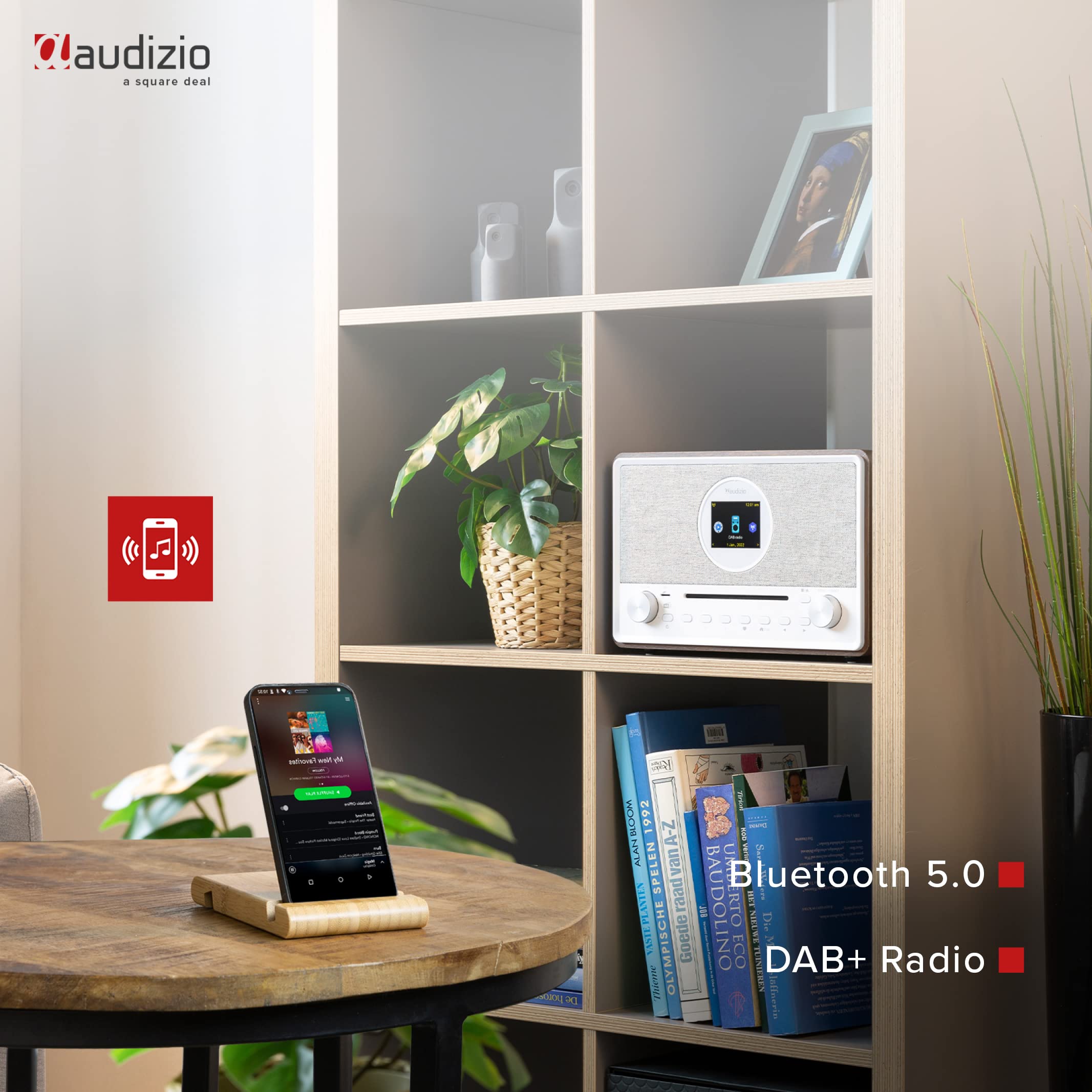 Audizio Lucca Stereo Dab Radio mit CD-Player, Internetradio WLAN, Bluetooth & Mp3-Player, Fernbedienung, kristallklarer Sound, stilvolles Retro Design im Holzgehäuse, Klares Display - Beige