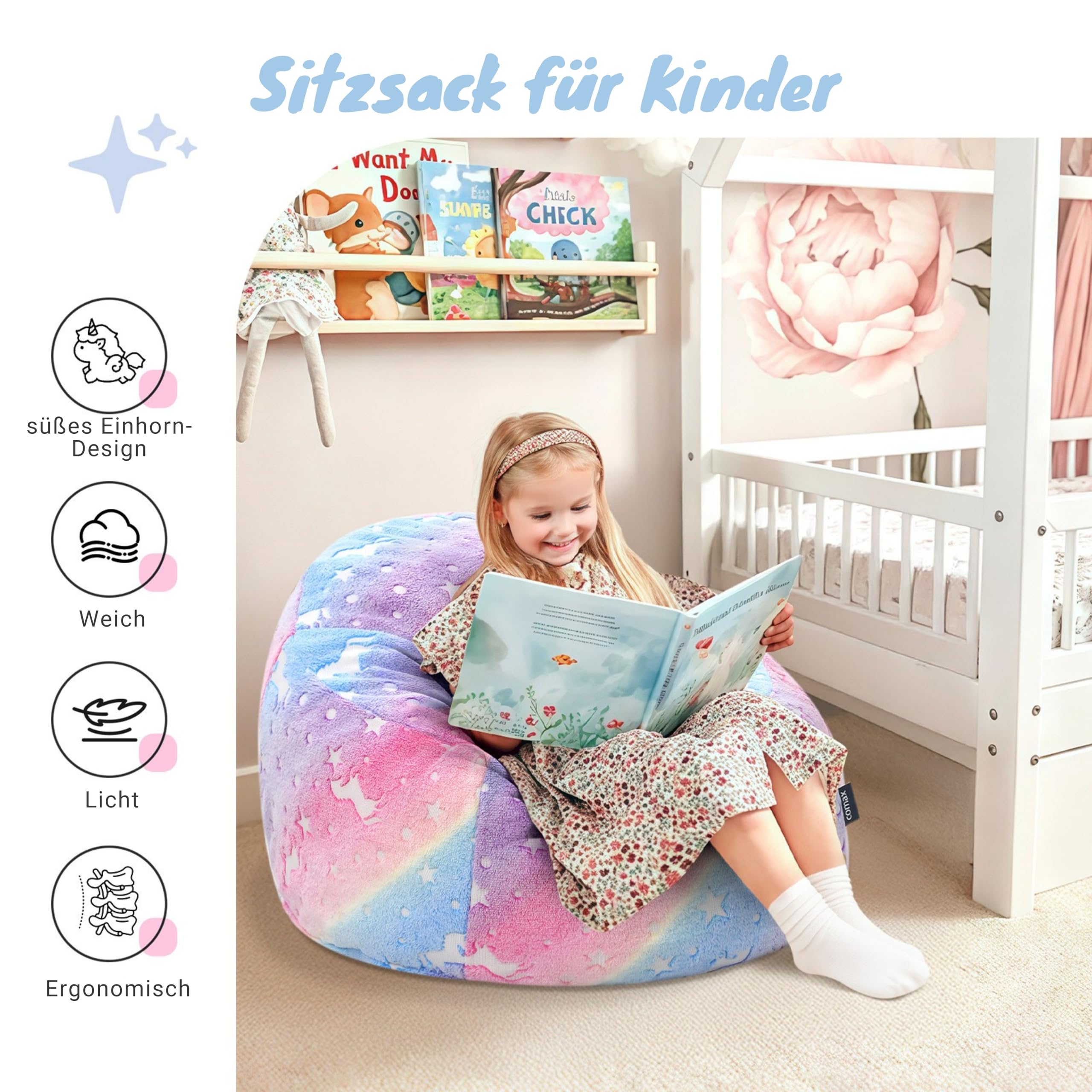 MeMoreCool Sitzsack für Kinder von 8-12 Jahren – Kinder Sitzsack Sofa mit Füllung, Bohnensack für Mädchen und Jungen, gemütlicher Bodenstuhl für Spielzimmer & Kinderzimmer, Regenbogen-Muster