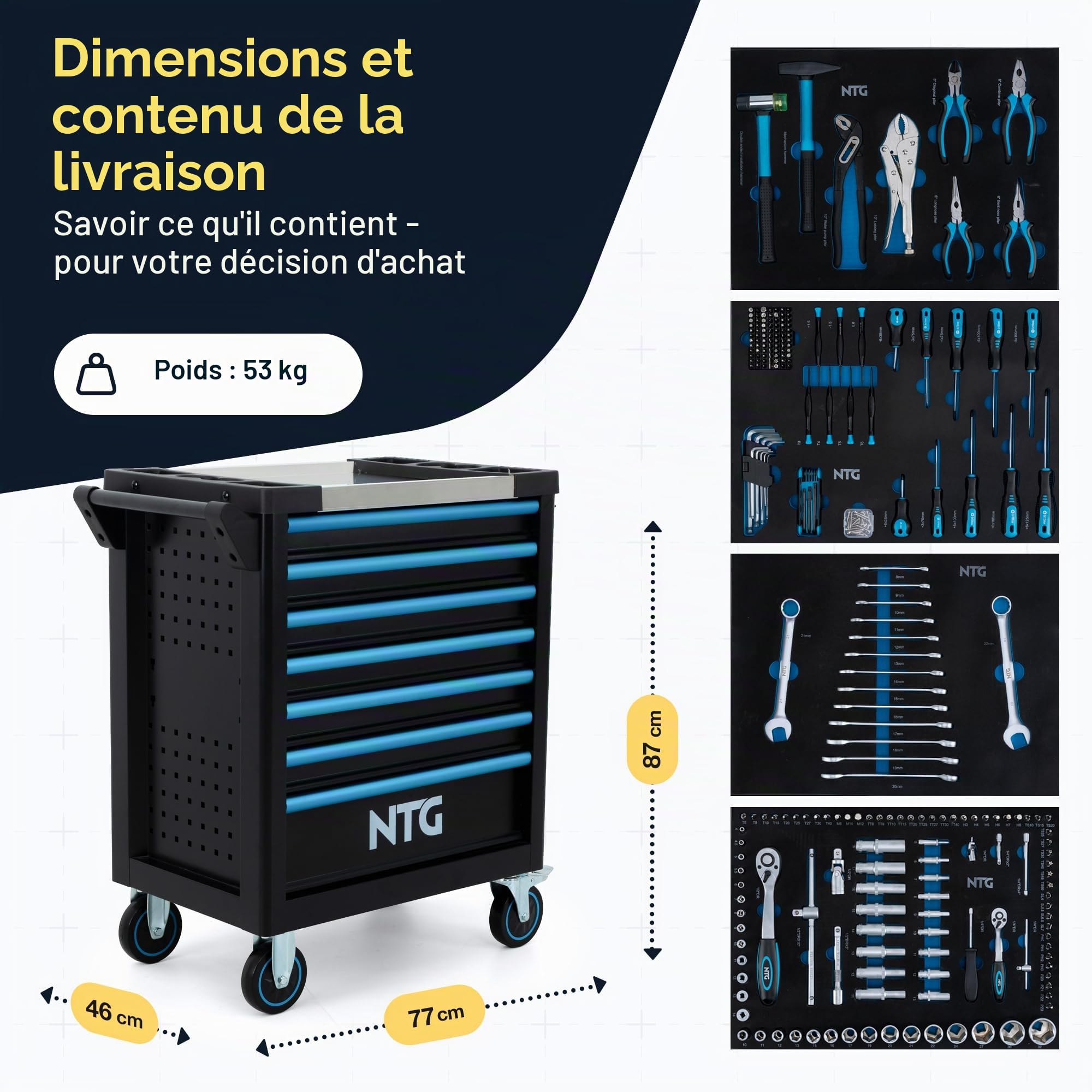 NTG Chariot à outils 7 tiroirs avec 290 pièces d’outil – Servante d’atelier avec verrouillage central, verrouillable, mobile sur roulettes – Coffre à outils professionnel sur roues pour atelier et