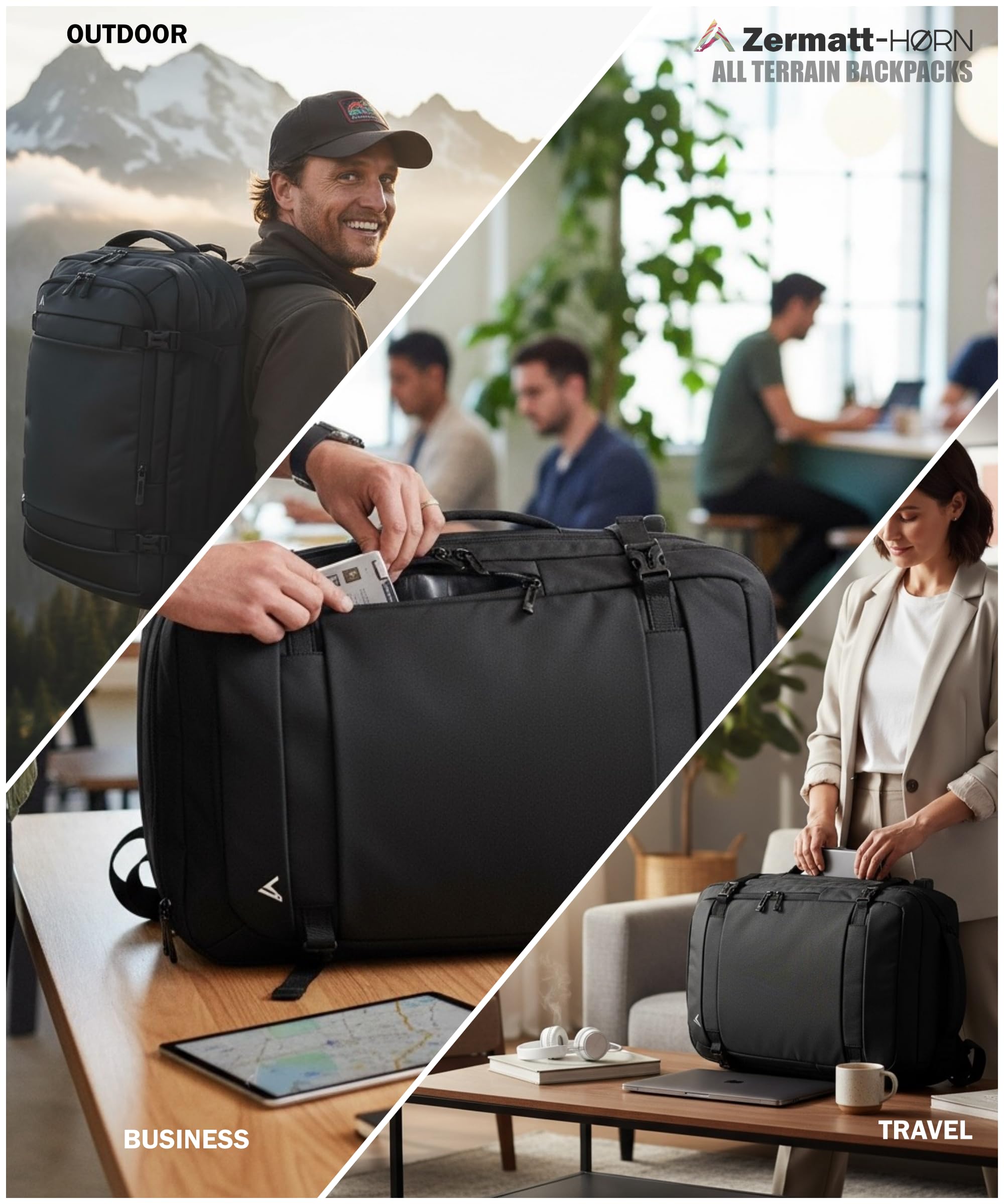 +ZERMATT-HORN Zaino da viaggio sottovuoto. Estensibile 25L a 30L, laptop da 15" a 17". Zaino da bagaglio a mano 40 x 30 x 20 cabina per volo con Ryanair, Vueling, Easyjet, Travel Backpack cabin.