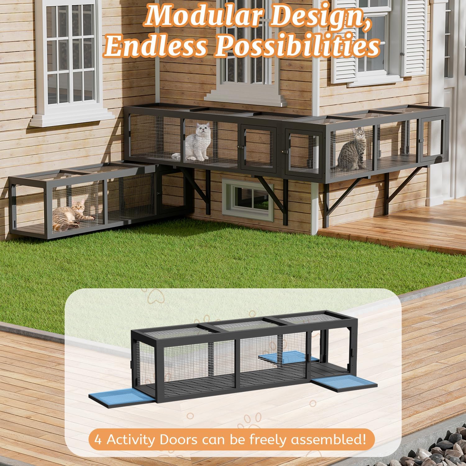 Outdoor Cat Tunnel with Extendable Design, Catio Enclosure Window Box Connecting Inside and Outside，Expandable Space and Channels, Paradise for Sunbathing and Running (Grey, 1-Pack)