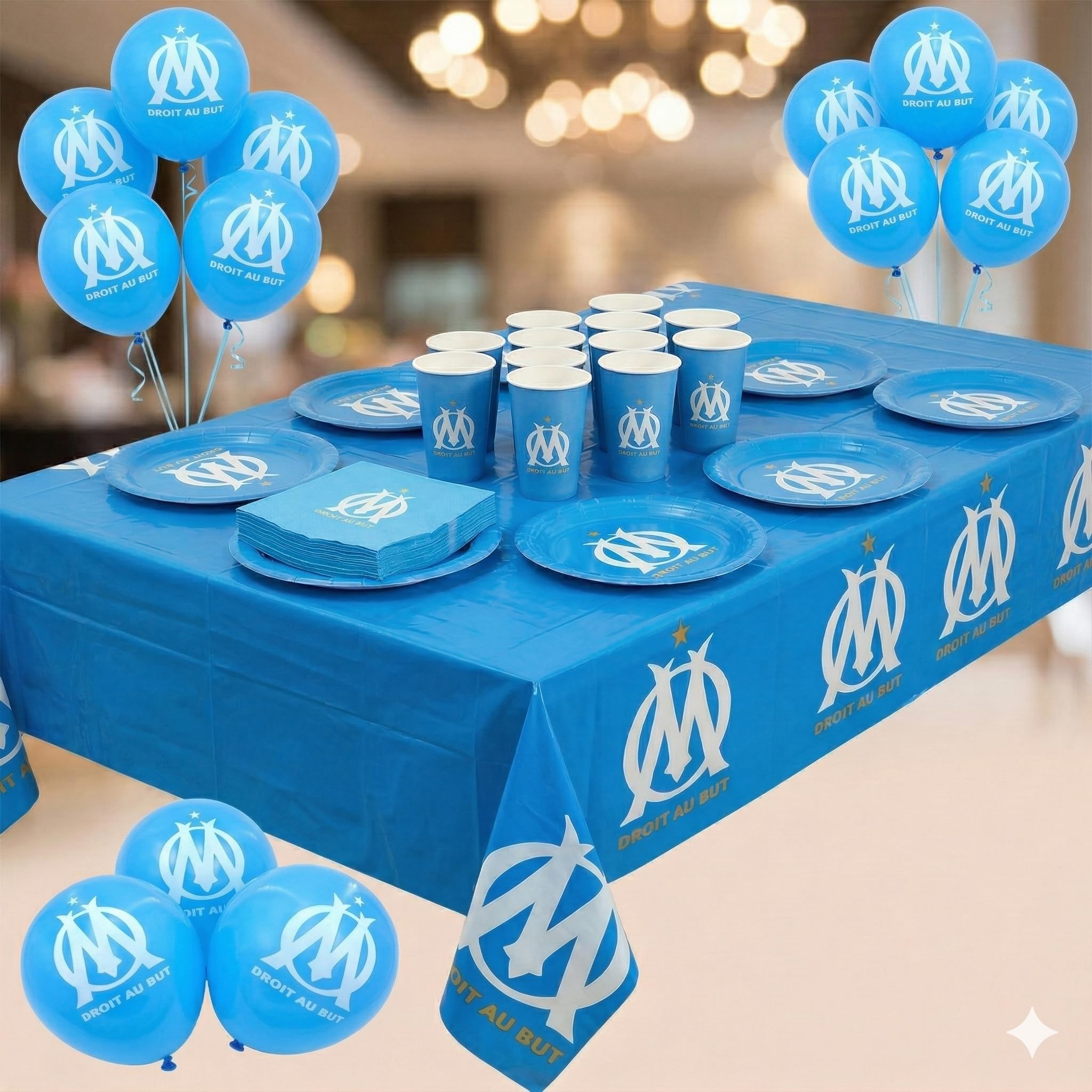 OLYMPIQUE DE MARSEILLE Pack 100 pièces Om : 1 Nappe 12 x Gobelet 12 x Assiette 40 x Serviette 11 x Ballon baudruche 12 x Chapeau 12 x sifflet - Collection Officielle