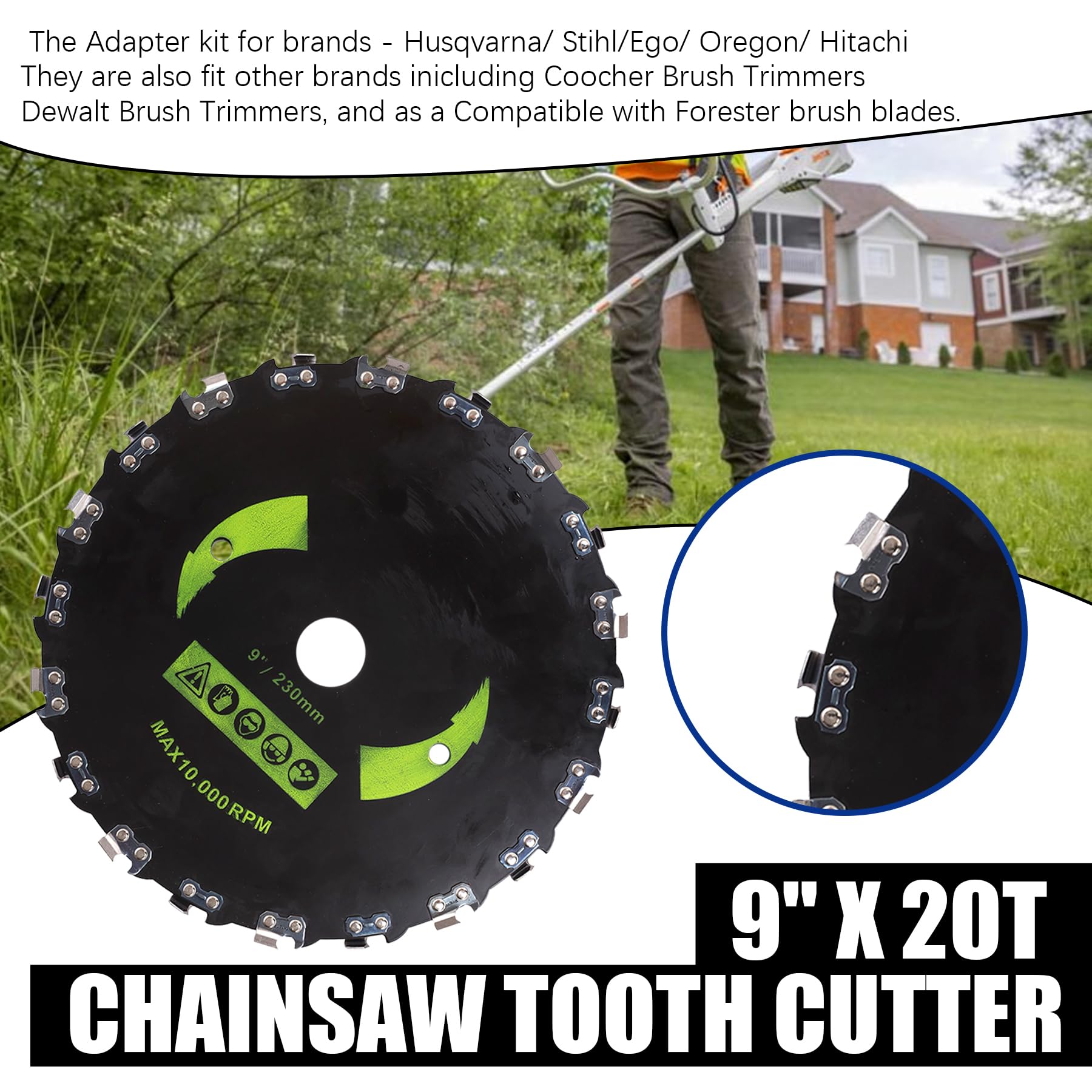 Cuchillas con punta de carburo de 9 x 36 dientes de 9 pulgadas x 20T, cortador de dientes de motosierra de 10 pulgadas x 80T con kit adaptador universal, cabezal de corte de acero inoxidable de alta