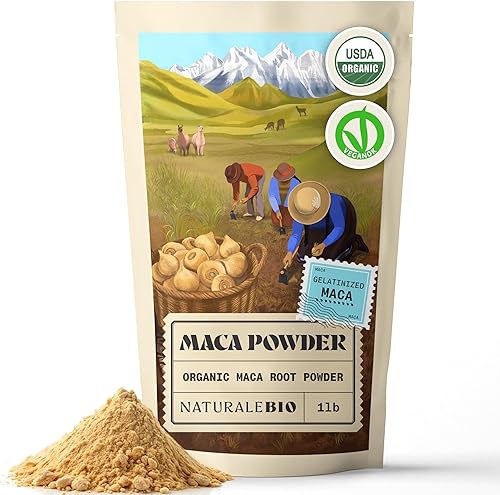 NaturaleBio Maca en polvo orgánico 1lb - 16oz. Peruano, natural y puro, de raíz de maca orgánica. Apto para vegetarianos y veganos. Gelatinizada
