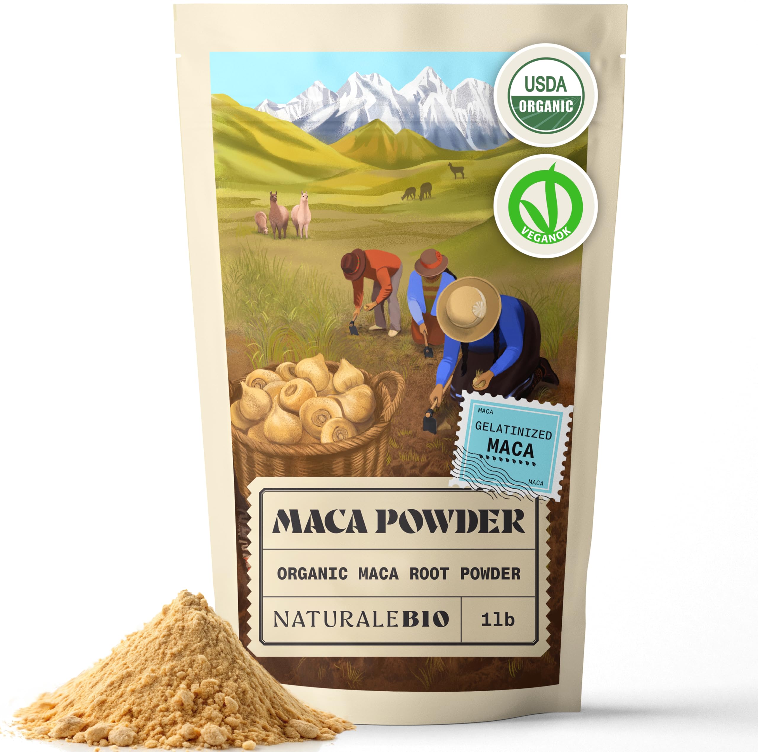 NaturaleBio Maca Powder Organic 1lb - 16oz. Peruvian, Natural and Pure, from Organic Maca Root. Vegetarian and Vegan Friendly. Gelatinized for Enhanced Bioavailability. Ideal for Smoothie.USDA Organic